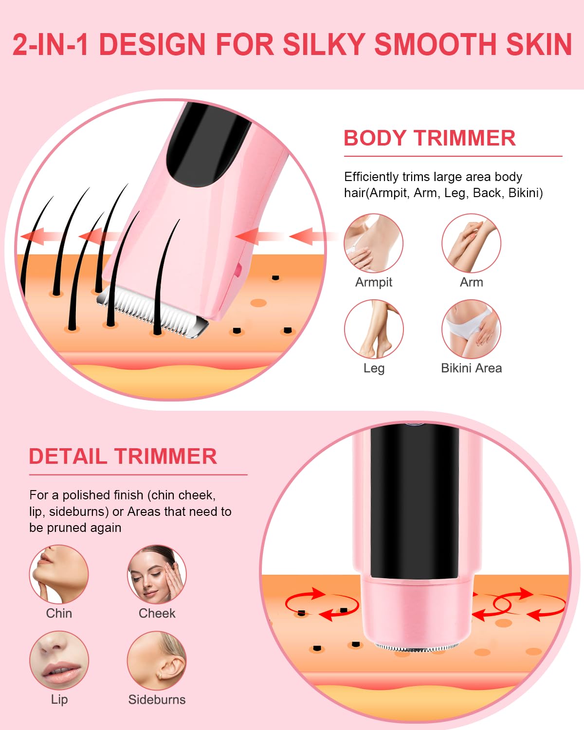 Bikini Trimmer for Women, 2 in 1 Electric Razors for Women Pubic Hair, Rechargeable Electric Shaver IPX7 Waterproof for Underarm Leg Face Arm,Wet/Dry Use (Light Plinik)