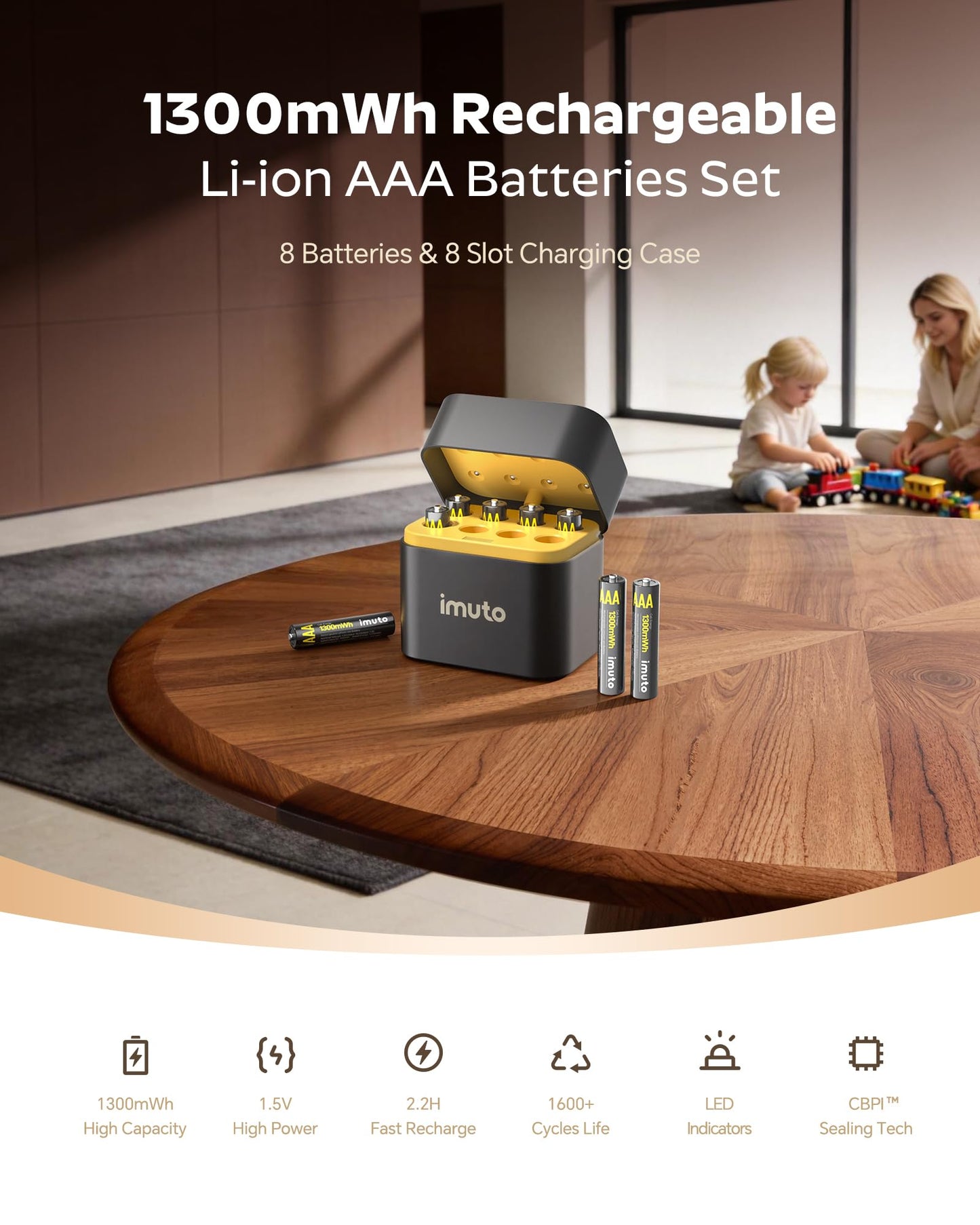 imuto Rechargeable AAA Batteries Lithium 8 Pack with Fast Charger,1300mWh 1.5V Constant Output Triple a Lithium Batteries 1600 Cycles Long Lasting