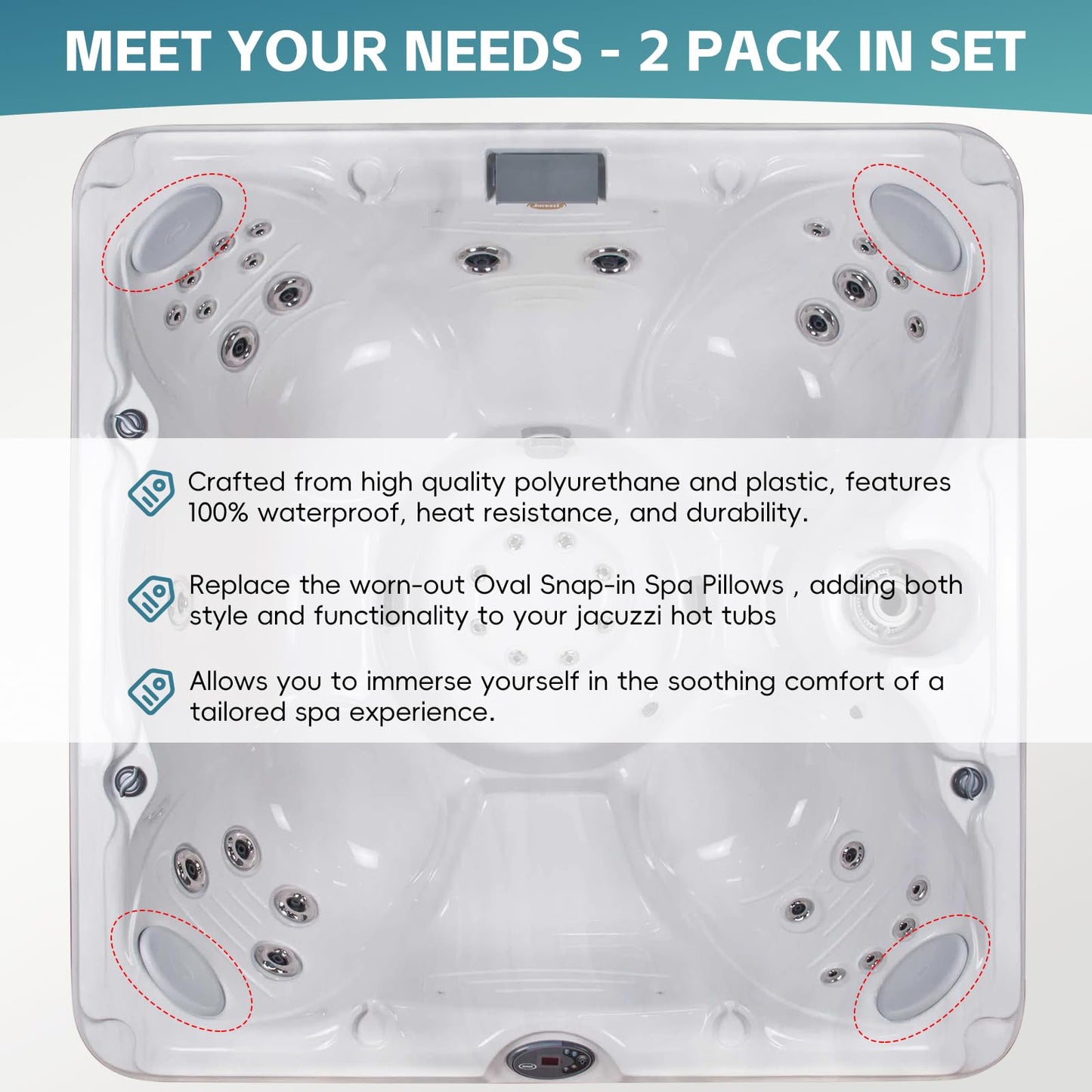 2 Pack 2472-828 Oval Spa Pillow for 2008+ Jacuzzi J-200 Series Hot Tubs J-230 J-235 J-245 J-270 J-275 J-280 Hot Tub Headrest Replacement Pillow