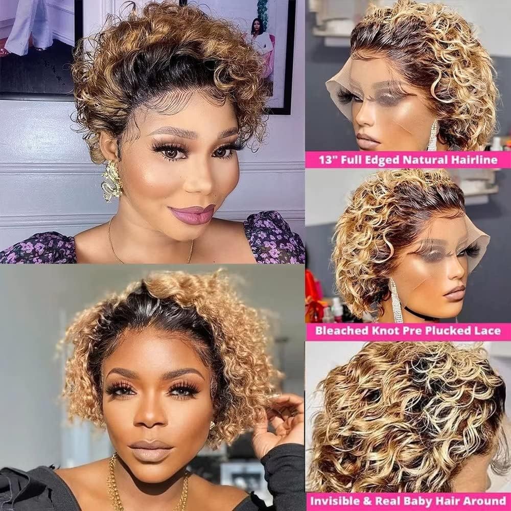 Fereowth Ombre Short Curly Lace Front Wigs Human Hair Wig for Women Brown 1B/27 Pixie Cut Wigs Human Hair Short Curly Human Hair Wig Pre Plucked with Baby Hair 150% Density