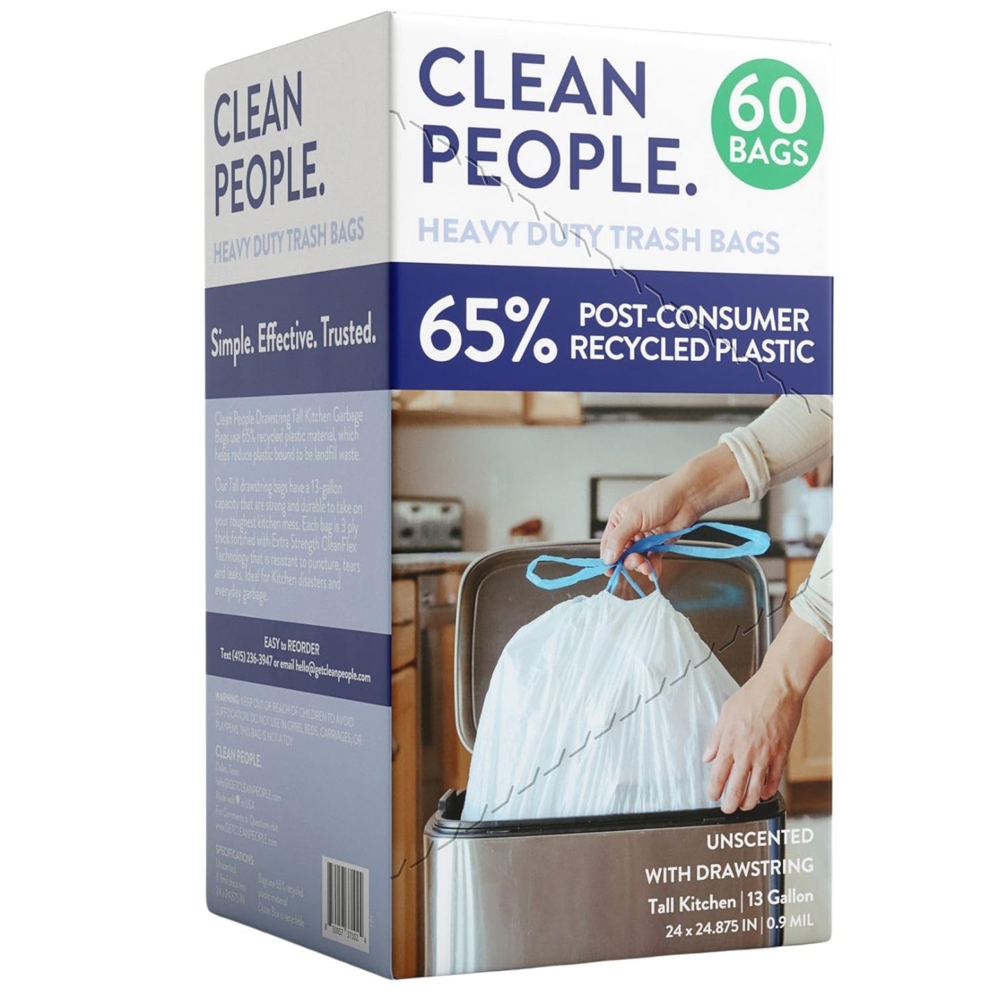 Clean People Trash Bags, Tall Drawstring Kitchen Garbage Bags, 13 Gallon Capacity, 60 Bags, Made with 65% Recycled Material, Unscented