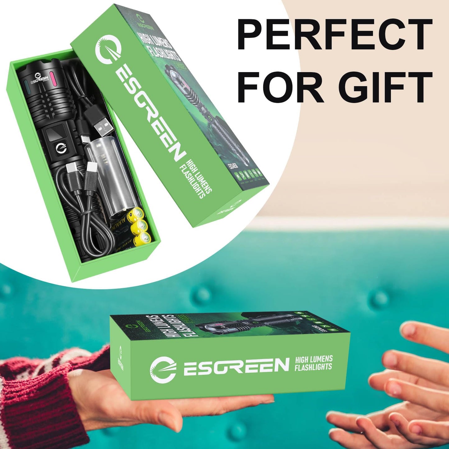 Esgreen Rechargeable Flashlights High Lumens 1,000,000, 2 Modes High/Low, Super Bright LED Flashlight USB C Long Distance 3280FT, Powerful Long Lasting 10H Strong Flash Light For Camping Hiking Travel