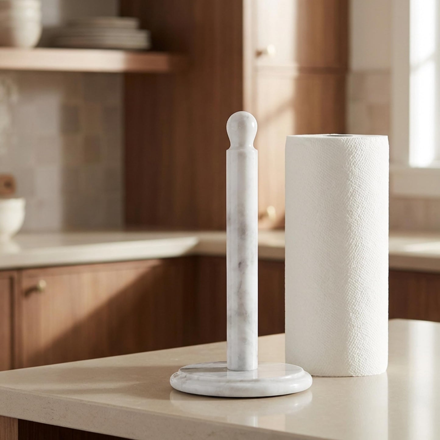 Marble Paper Towel Holder 12.5" Inch Natural Stone Countertop Kitchen Roll Stand, Free Standing Paper Towel Holder for Kitchen Decor, Dining Table and Countertop Organizer
