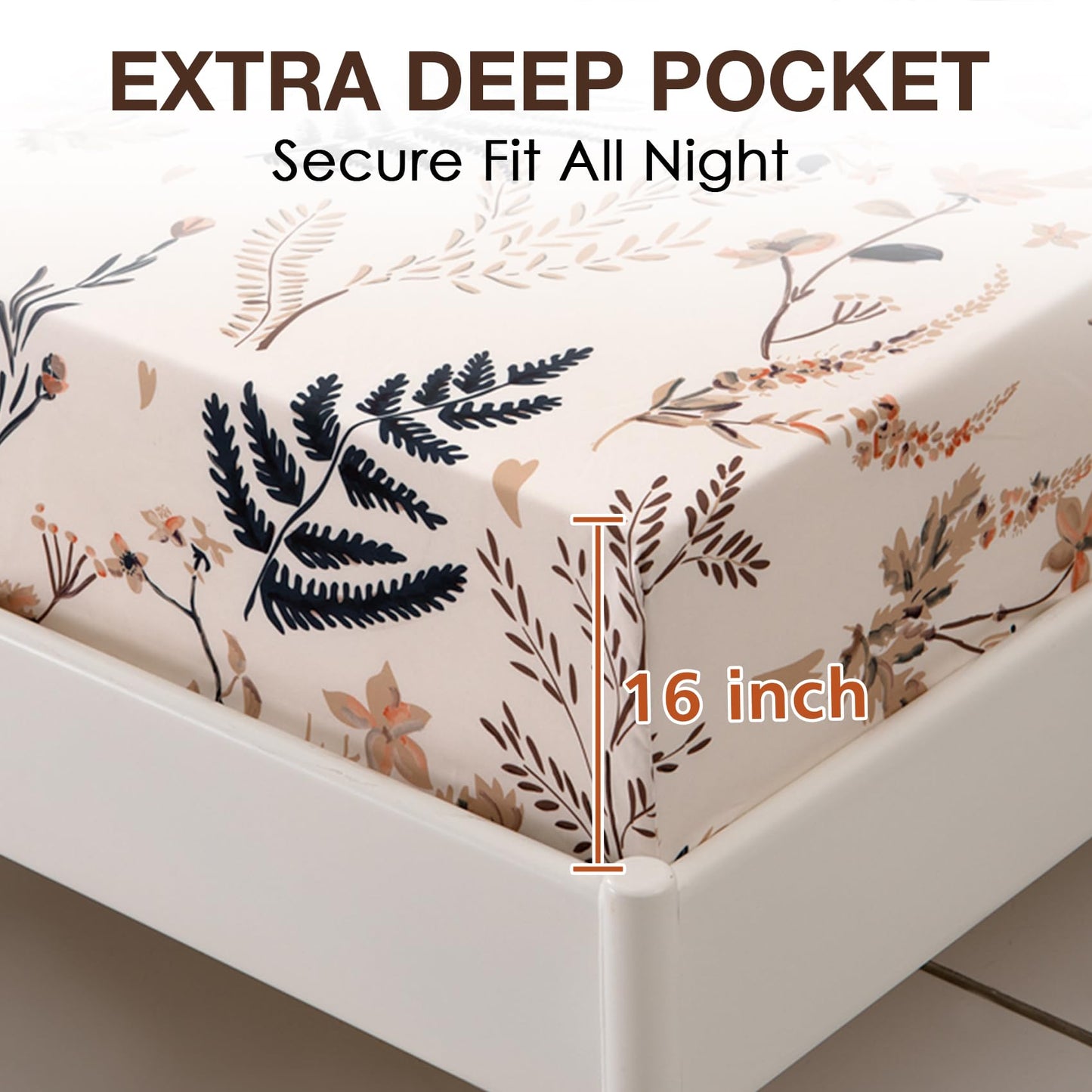 JSD Floral Printed Sheet Set Queen, Soft Microfiber Botanical Bed Sheets 15" Extra Deep Pocket 4 Pieces