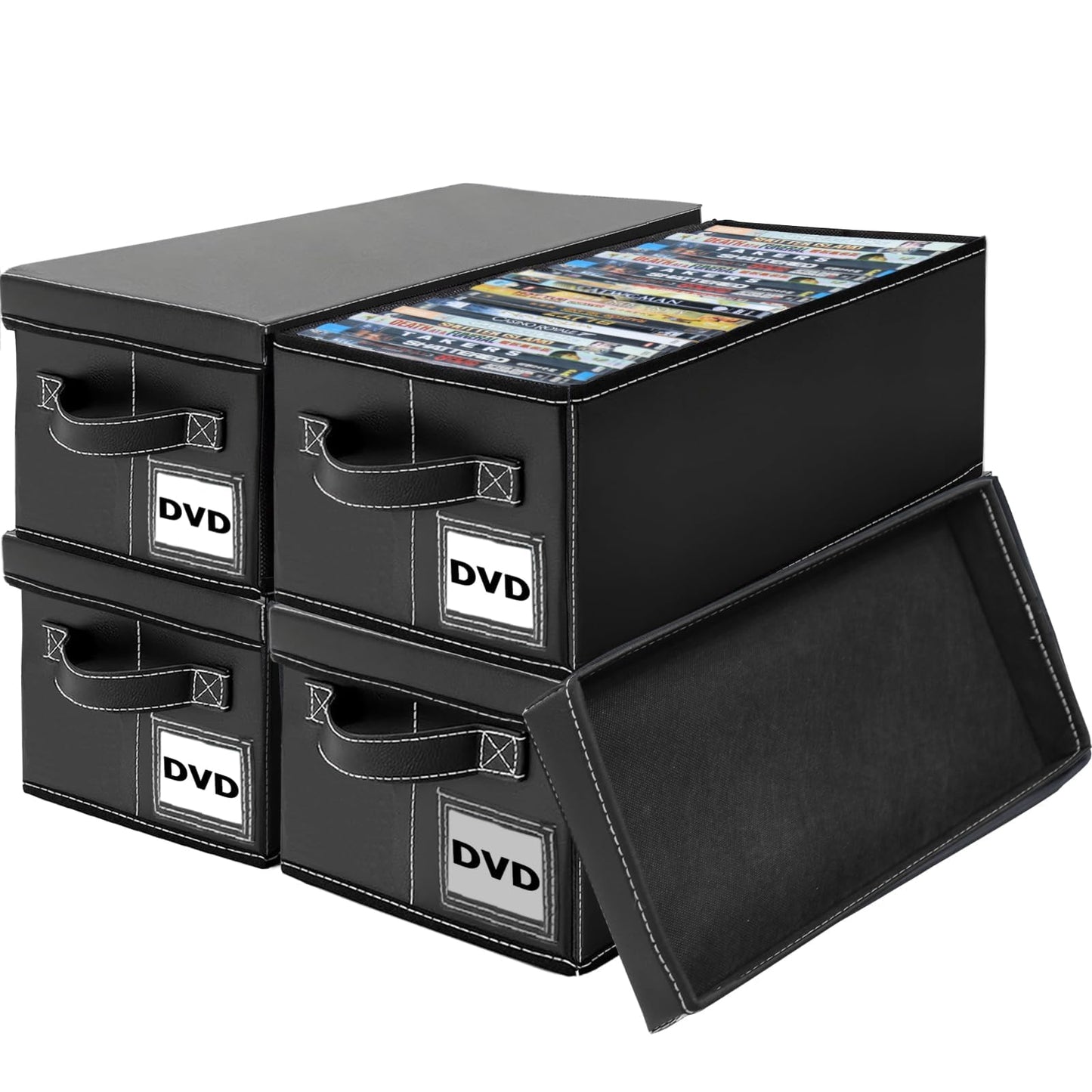 Salajory DVD Storage Boxes 4 Pack, Holds 100 DVDs, PU Leather Media Organizer Case for Blu-ray, Game & Movie Discs with Handle, 15.7x7.9x5.7 Inches, Desktop or Closet Storage