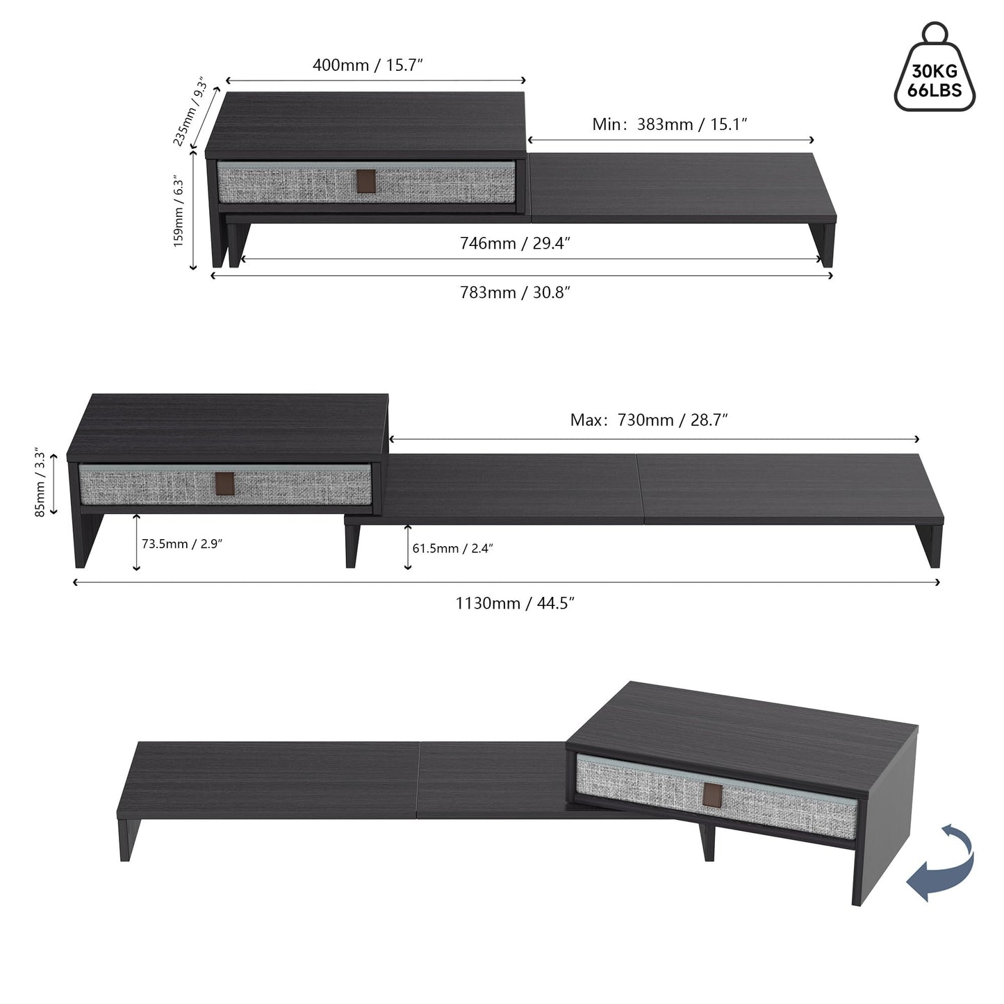 FENGE Dual Monitor Stand with Drawer - Adjustable 3-Tier Laptop Riser for Desk Organizer. Adjustable Length and Angle Desktop Laptop Stand,Office Organizer,Printer,Black
