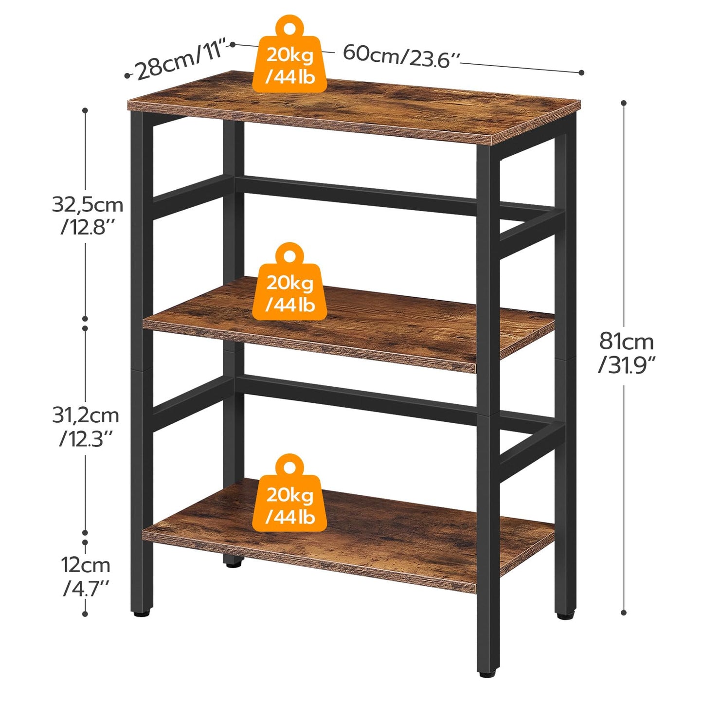 HOOBRO 3 Tier Bookshelf, 60 cm Industrial Bookcase, Record Storage Rack with Side Fence, Storage Shelf with Metal Frame, Rustic Open Display Shelf for Living Room, Bedroom, Rustic Brown BF86CJ01G1