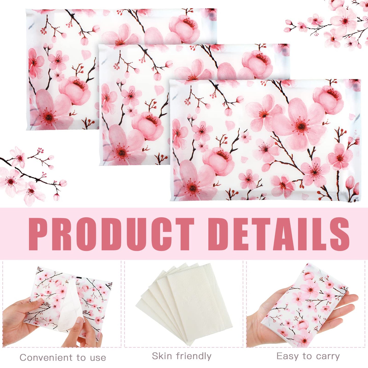 Geyee 50 Packs Tissue Travel Size Facial Paper Napkins Travel Packs Disposable Pocket Tissues for Wedding Guest Traveling School Purse Home Supplies, 500 Sheets 3 Ply(Cherry Blossoms)