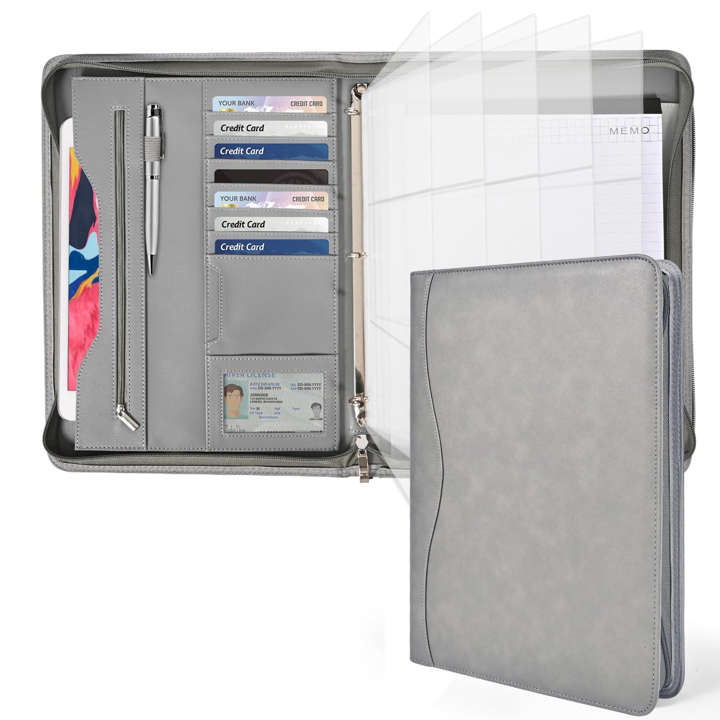 Deziliao 3-Ring Padfolio Portfolio Binder Organizer, Document Organizer Folio, 10.4 Inch PU Leather Business Portfolio with Zipper, Business Planner Notebook Organizer for Women/Men（Grey） D00070