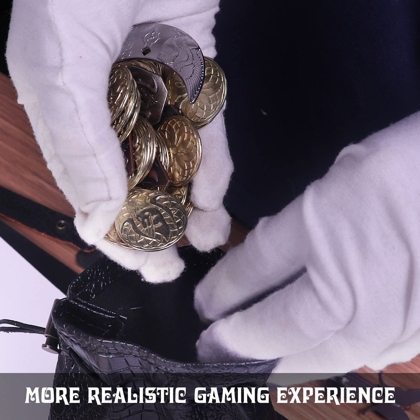 145PCS Metal DND Coins & Leather Bag, Contains 60 Gold Coins, 40 Sliver Coins, 40 Copper Coins and 5 Platinum Coins, Game Tokens with Glow in The Night Eyes Leather Bag for RPG Tablelap Games