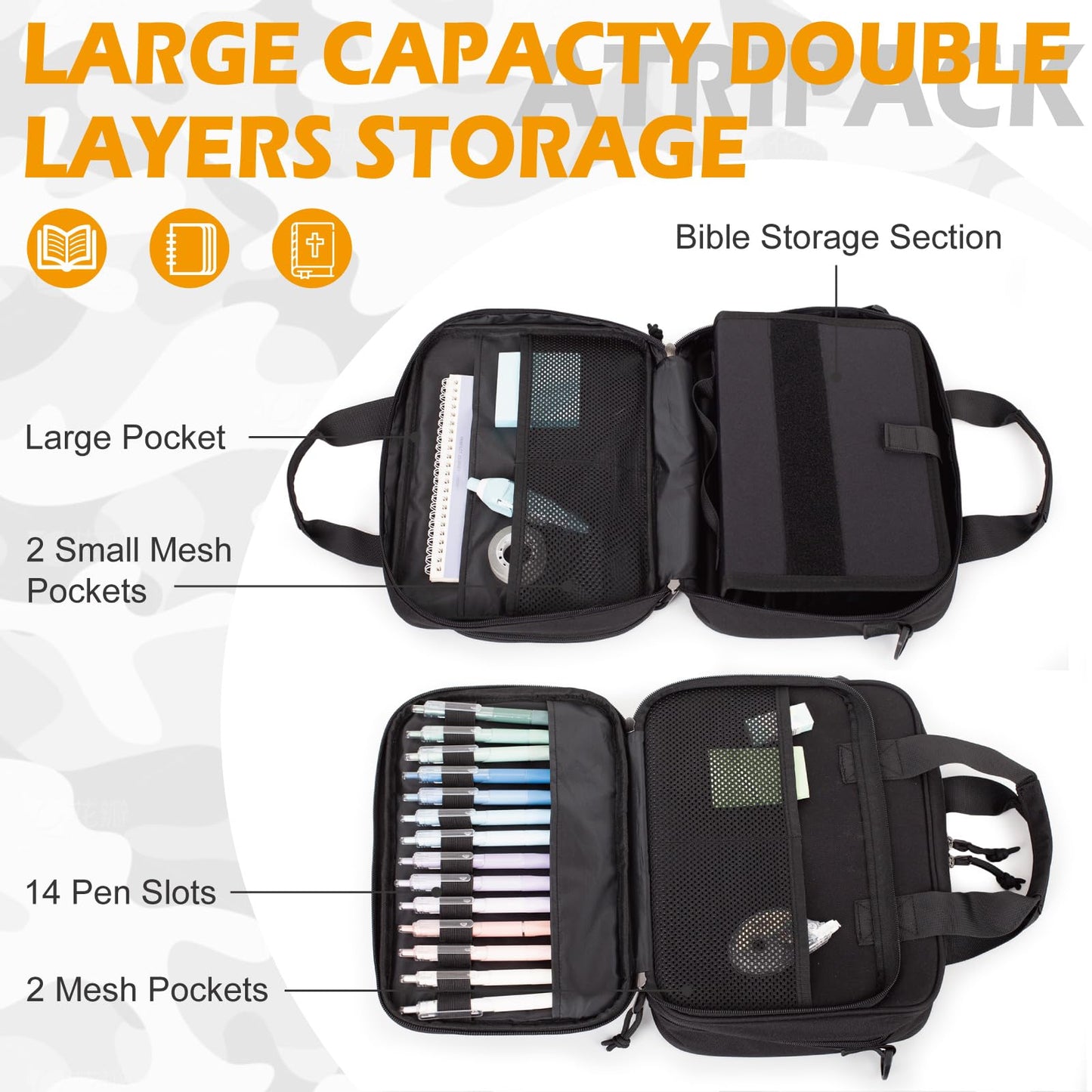 Tactical Large Bible Cover for Men,Double Layer Bibles Study Bag with Detachable Book Carrying Case, Covers for Bible Organizer with Zippered Pockets,Church Case with Handle.