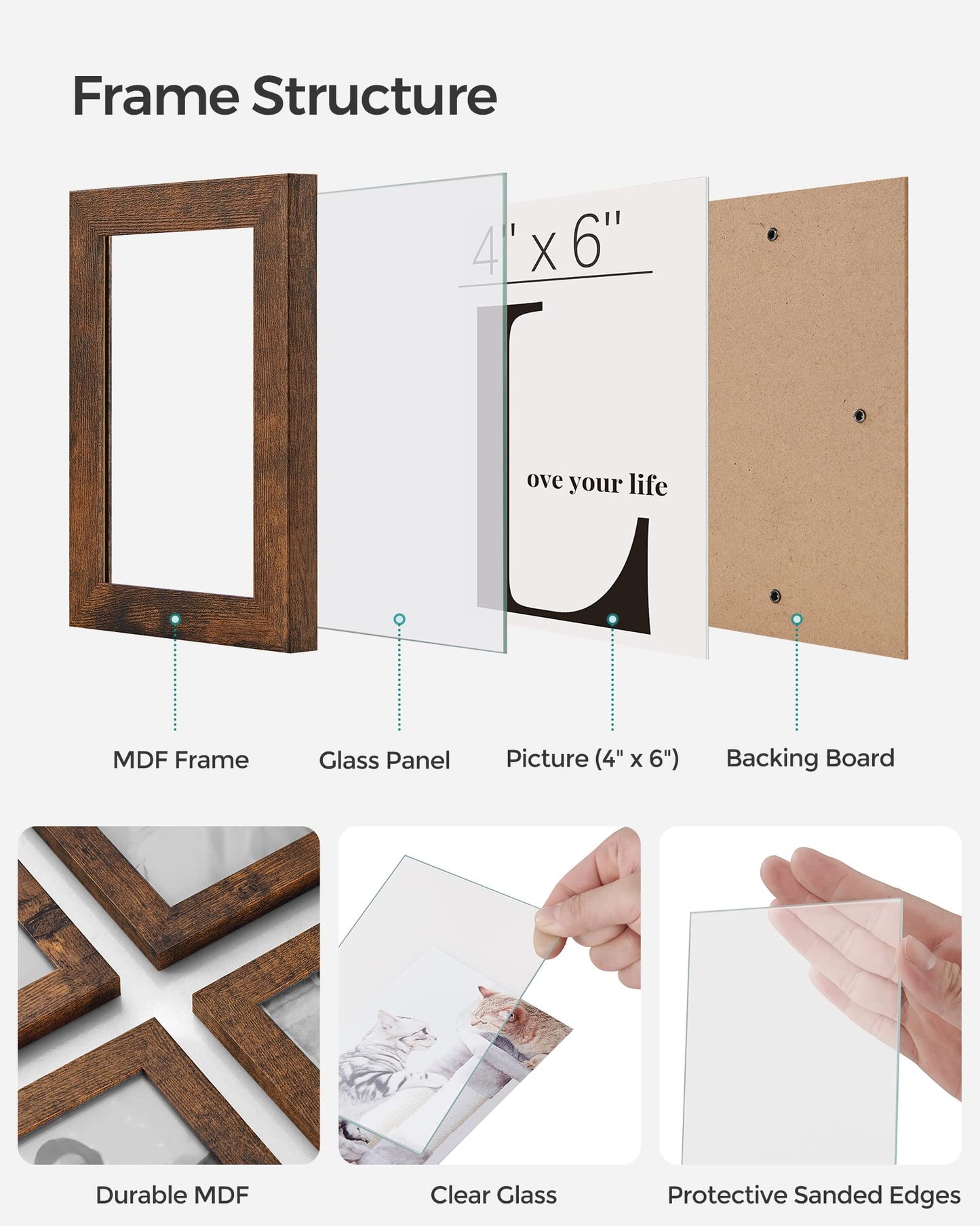SONGMICS 4x6 Collage Picture Frames, 12-Pack Picture Frames Collage for Wall Decor, Photo Collage Frame, Rustic Brown