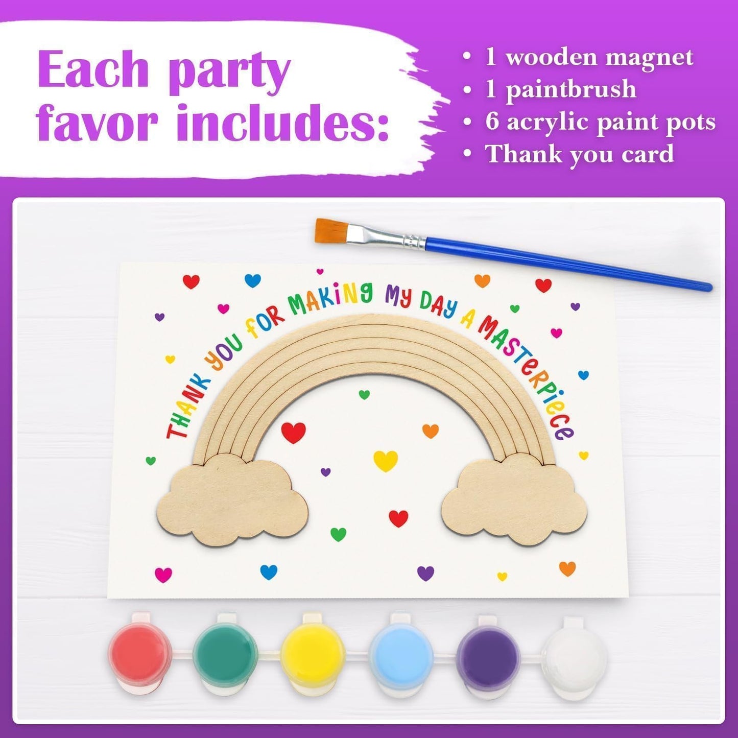 12-Pack Pre-Packaged Rainbow Party Favors for Kids, Wooden Rainbow Cutouts with Magnets & Painting Kits, Birthday Thank You Gifts for Guests, Rainbow Theme Party Decorations