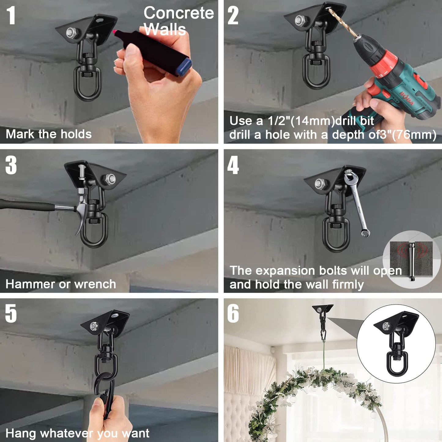 2 Pack Hammock Hanging Kit, 1200 Lbs Capacity Heavy Duty 360 ° Rotating Hammock Hook Suitable for Hanging Hammock Chair, Aerial Yoga, Boxing Sandbags, Swings, Etc.