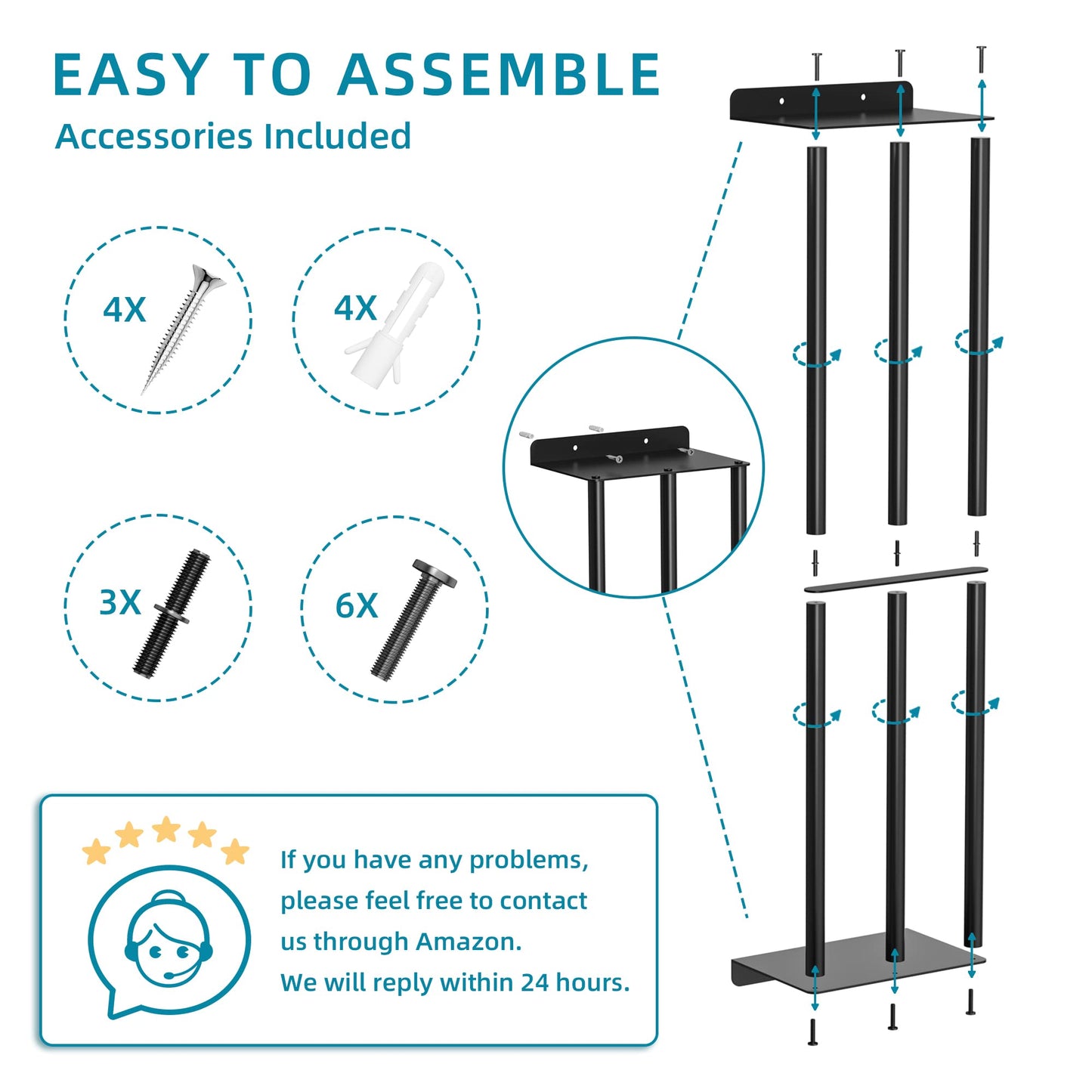 Susswiff 78cm Wall Mounted Towel Racks, Sturdy 2 Metal Towel Shelves and 3 Vertical Bars, Can Holds 6 Large Rolled Towels - Rolled Towel Holder(Matte Black)