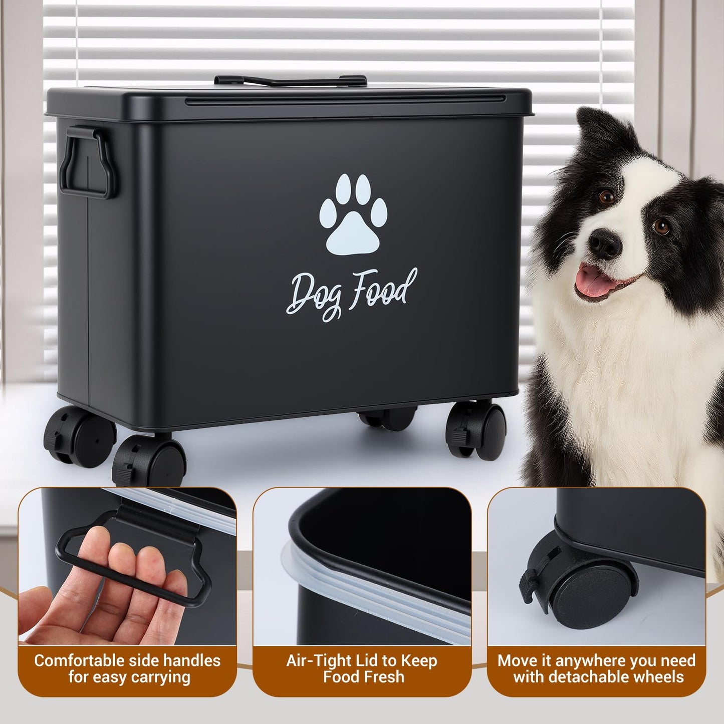 Himake Dog Food Container 13lb, Cute Airtight Pet Food Storage Containers with Metal Lid Scoop, Black Metal Storage Bin for Dog/Cat with Wheels,Easy to Move