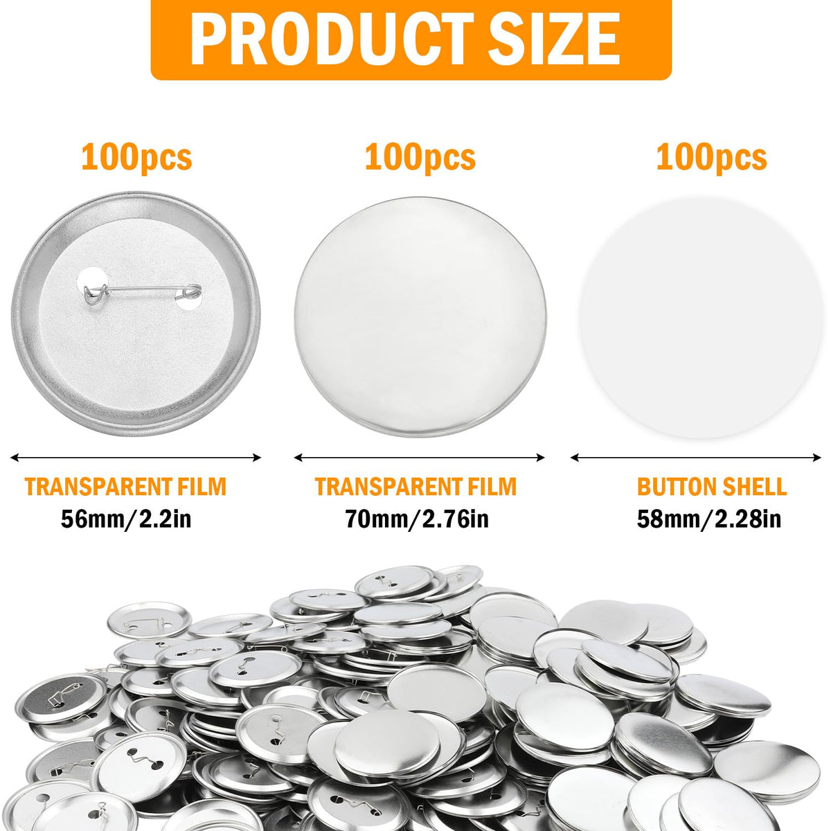 300pcs Button Making Supplies, 58mm/2.28 inch Full Metal Blank Buttons Round Badge Pin Button Parts with Transparent Film Button Making Kit for Machining Wearing Buttons and DIY Crafts