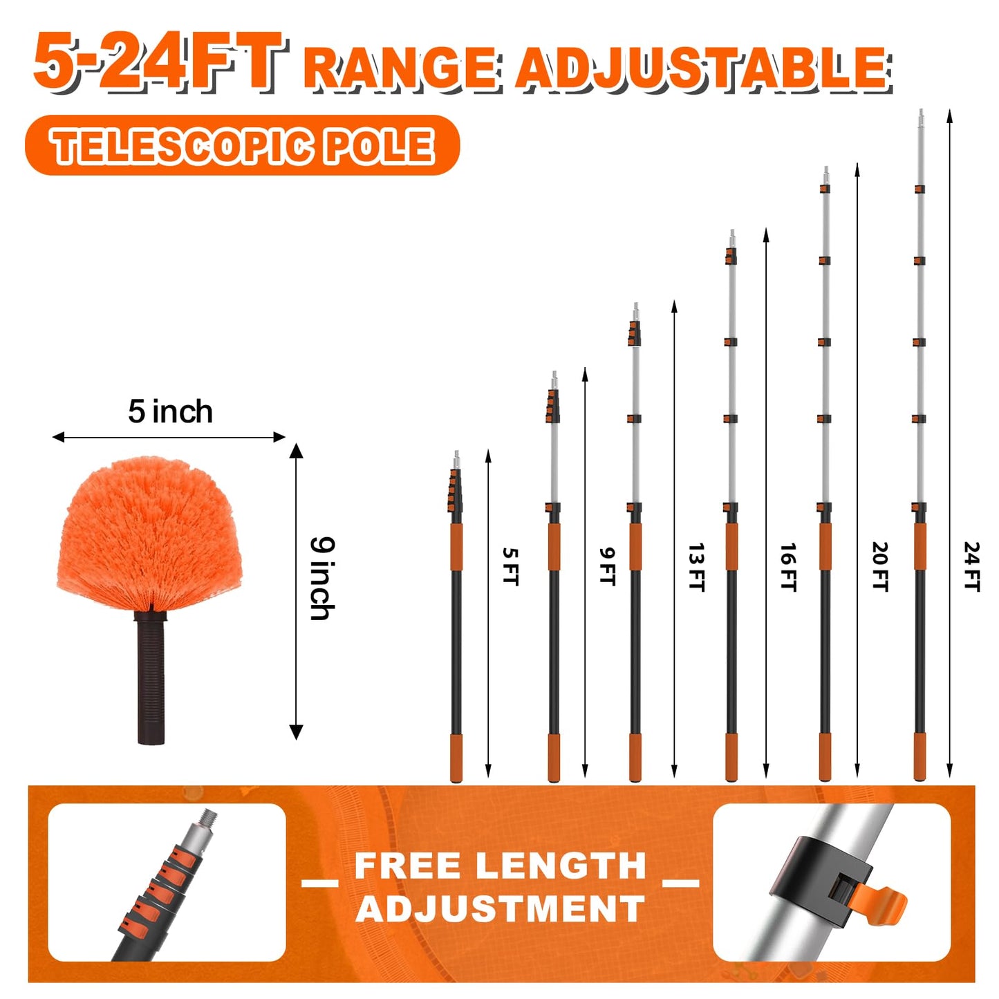 SISUPASSIE 30FT Reach Cobweb Duster with Extension Pole, High Ceiling Long Duster with 5-24FT Telescoping Pole, Spider Web Brush for Indoor Outdoor Use