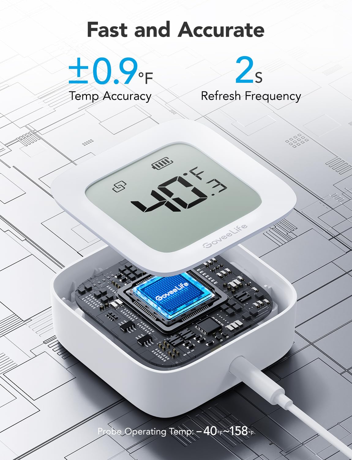GoveeLife WiFi Refrigerator Thermometer with Alarm, Wireless Digital Freezer Temperature Gauge with App Control, LCD Display, 2 Years Free Data Export, for Fridge Hot Tub (Only Support 2.4G WiFi)