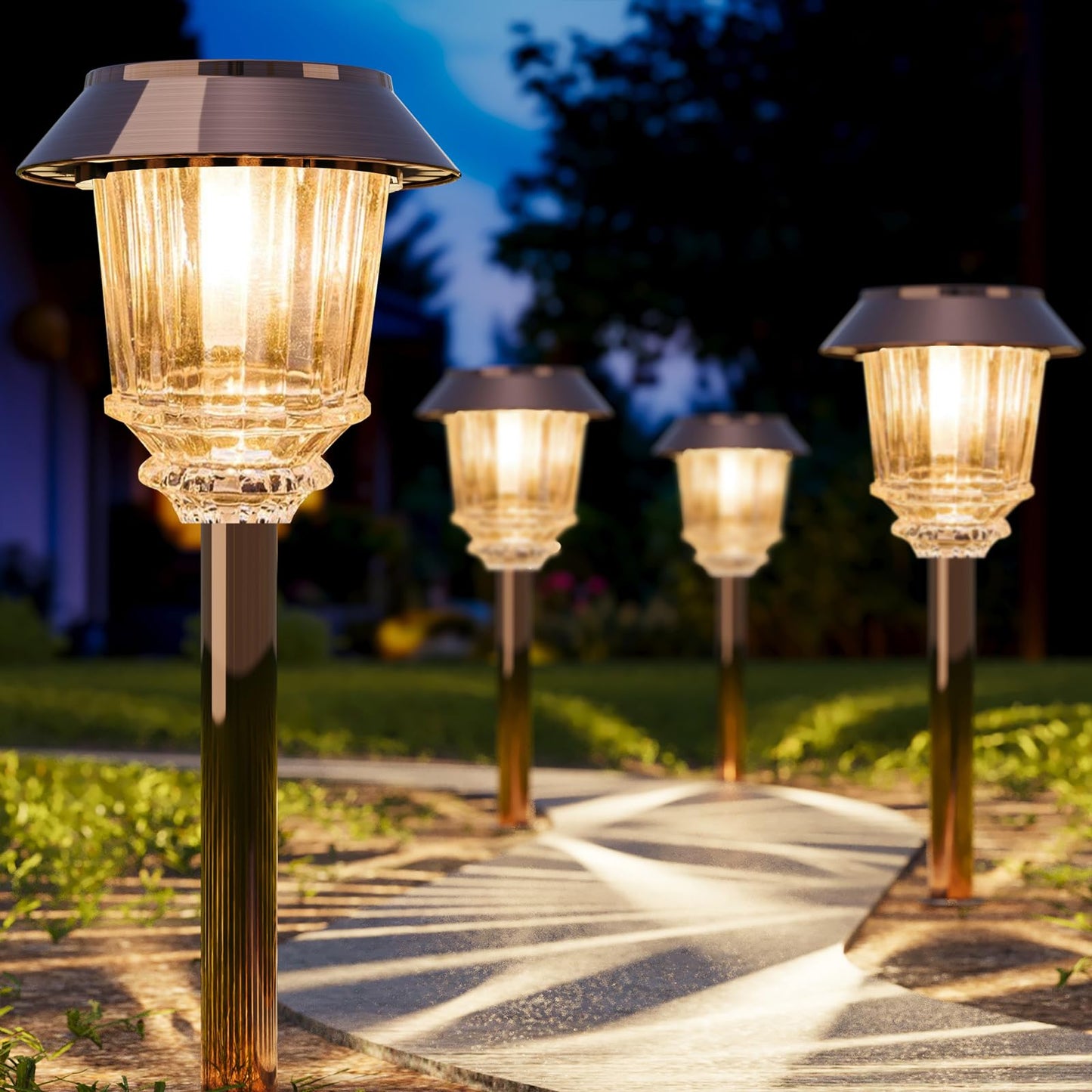 XMCOSY+ Solar Lights Outdoor, Solar Garden Outdoor Waterproof IP65, 10-40 LM Dimmable Auto On/Off Warm White Pathway Lights, Solar Powered Landscape Lighting for Walkway Driveway (4 Pack)