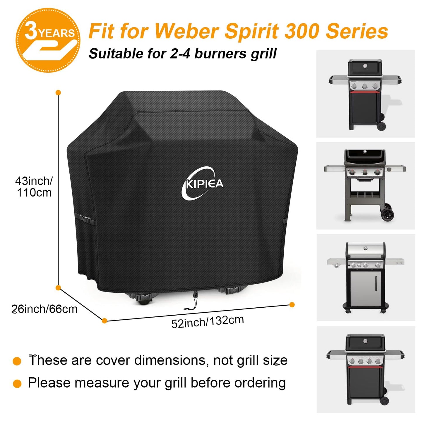 Kipiea 600D Heavy Duty Gas Grill Cover for Weber Spirit 300 Series Grills, Including Spirit E-310, E-330 & S-315, 52-Inch Waterproof BBQ Cover with Windproof Buckles, UV Resistant