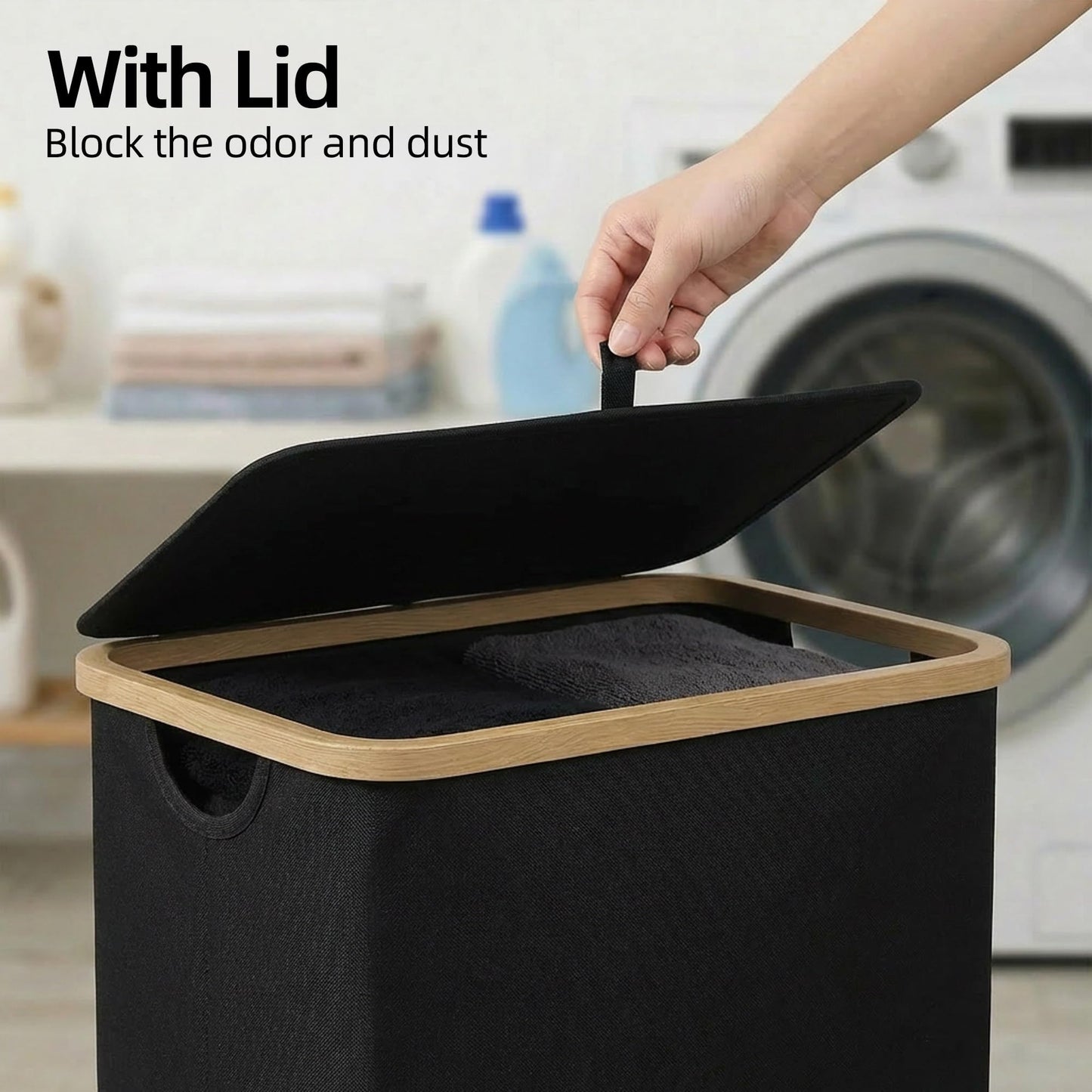 efluky 75L Slim Laundry Basket with Lid, Narrow Laundry Hamper with Removable Bag, Skinny Dirty Clothes Basket with Bamboo Handles for Bathroom, Bedroom & Laundry Room, Black