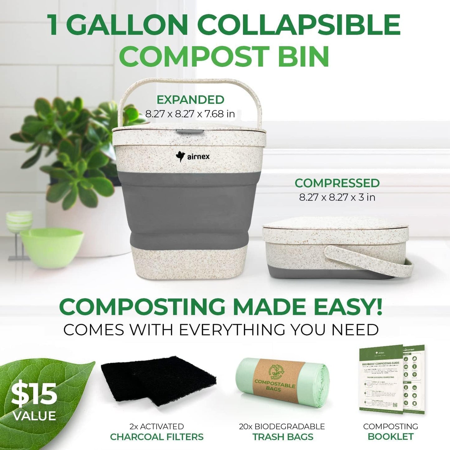 AIRNEX Collapsible Kitchen Compost Bin with Lid - 4 Liter / 1 Gal Countertop Compost Bin for Food Waste Made from Wheat Straw - Indoor Green Bin with 20 Compostable Bags & 2 Charcoal Filters
