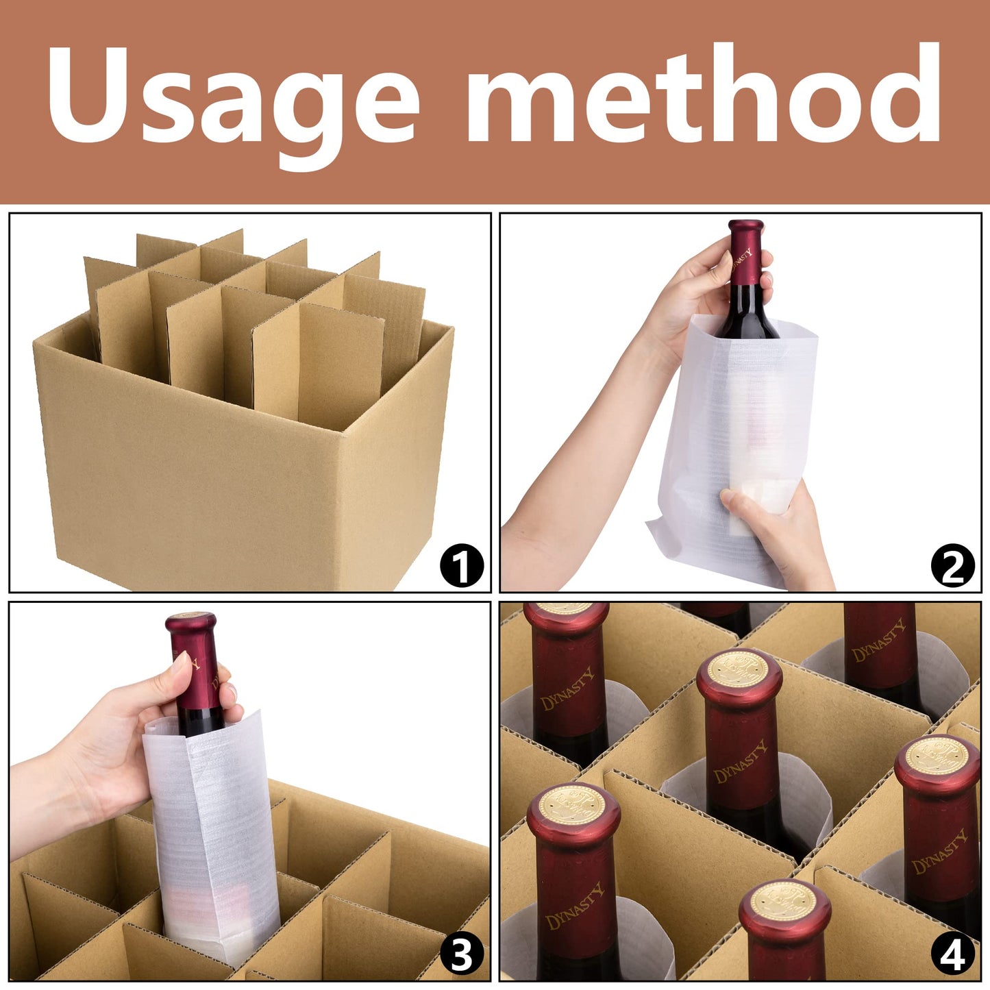 codree 4 Sets Glass Packing Kits- Glass Dividers for Moving Boxes- Glassware Dish Packing Boxes Corrugate Dividers with 48 pcs Foam Pouches Fits 16x12x12 Inch Box (Box Not Included)