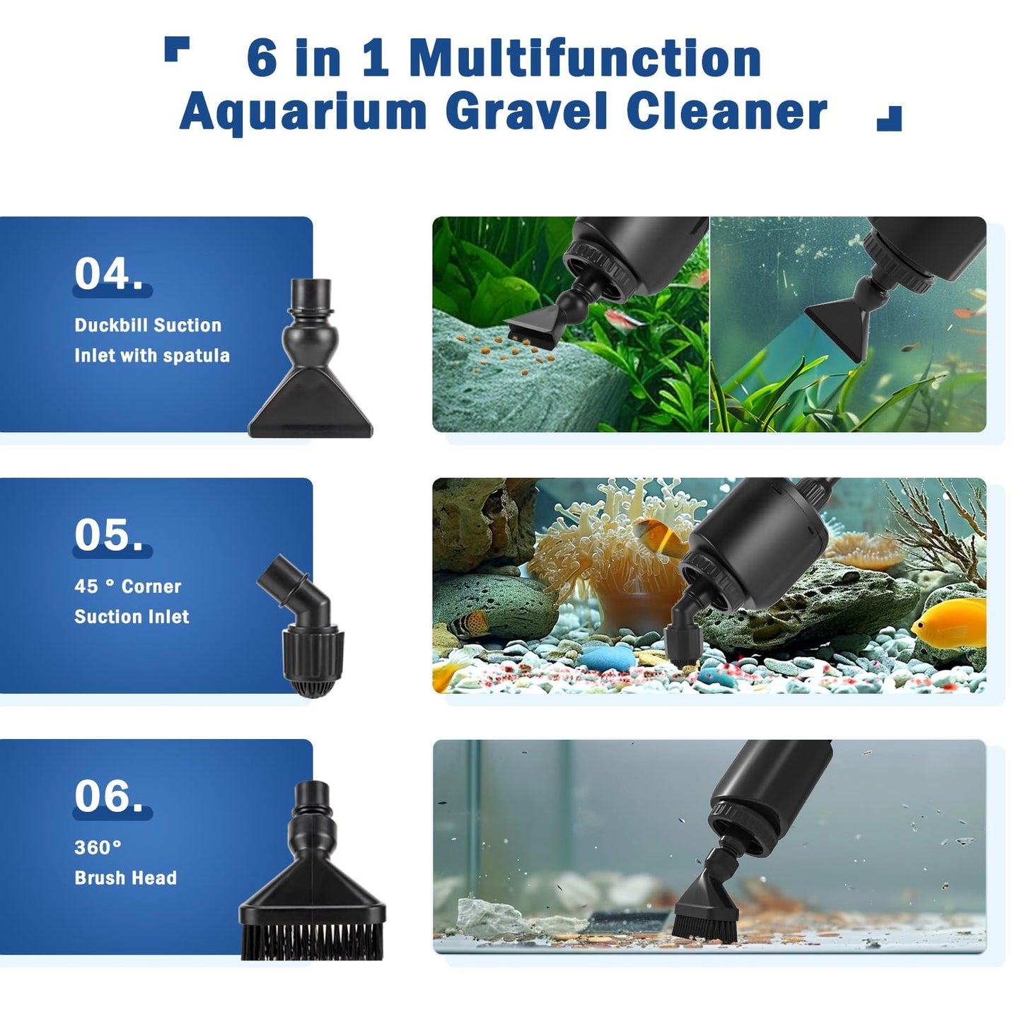 AQQA Aquarium Gravel Cleaner Siphon Kit,6 in 1 Electric Automatic Removable Vacuum Water Changer，Multifunction Wash Sand Suck The Stool Filter 110V/ 20W 320GPH (20W 320GPH)