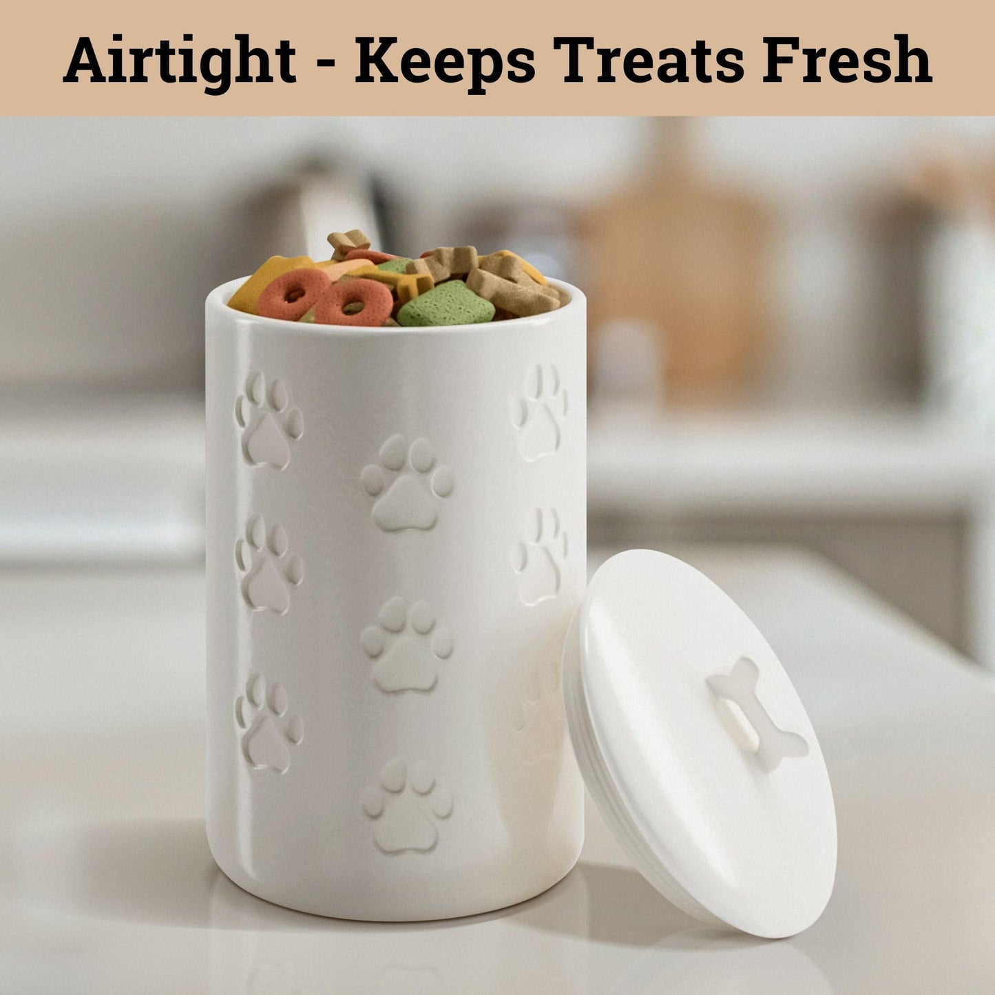 Dog Treat Container Airtight - 5 Inch Wide x 9 Inch Tall Ceramic Dog Treat Jar for Kitchen Counter with Airtight Lid - 7 Cup Capacity Pet Treat Container - Cute Doggie Cookie Jar - Big Treats Canister