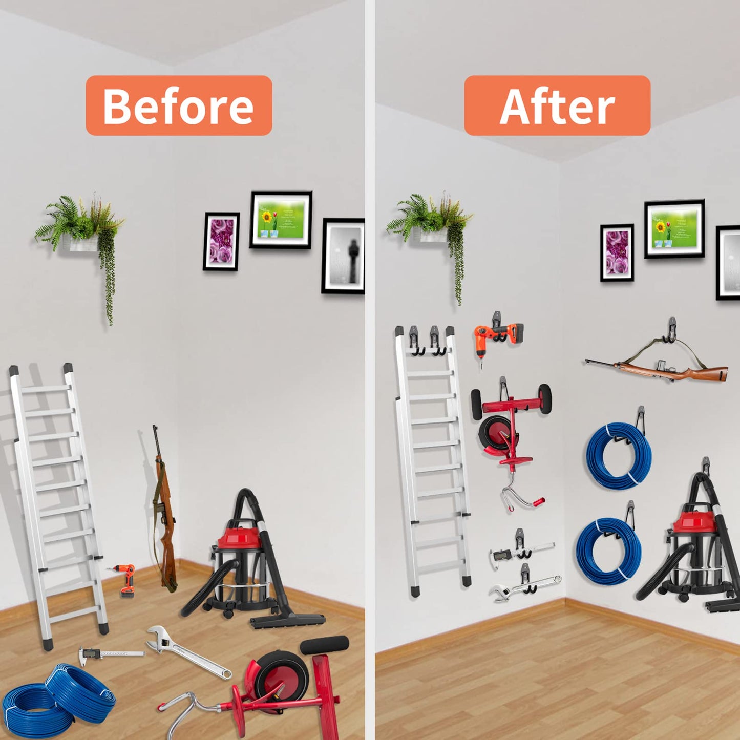 Garage Hooks Heavy Duty Utility Steel with Anti-Slip Coating Wall Mount Storage Organizer for Hanging Power and Garden Tools, Ladders, Hose, Bikes, Ropes, Bulk Items, and More (12 Pack Orange)