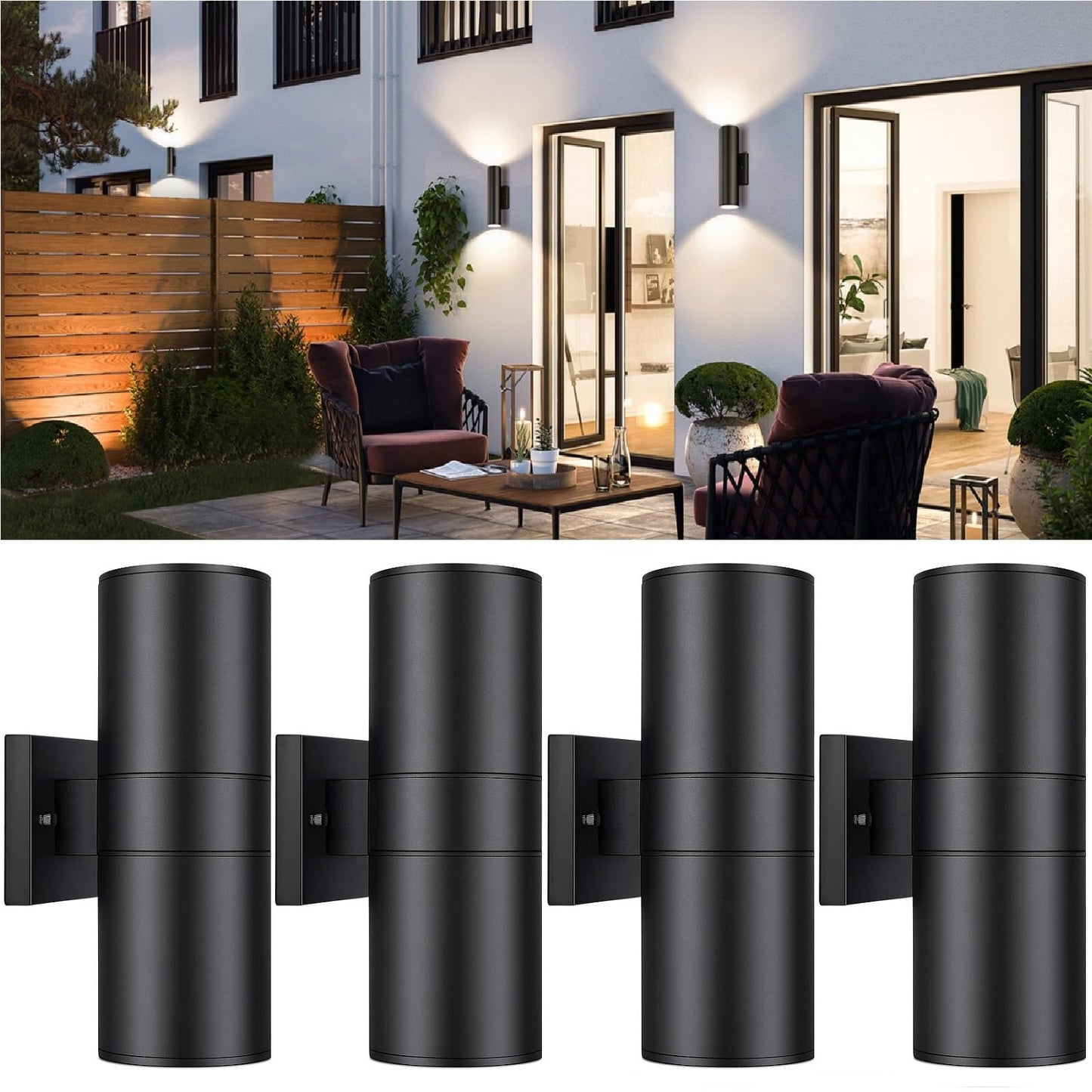 HCIDNLI Outdoor Lights Wall Mount, Modern Cylinder Exterior Wall Light Fixtures, Matte Black up and Down Porch Lights Waterproof Wall Sconce Outside Lights for House 4 Pack