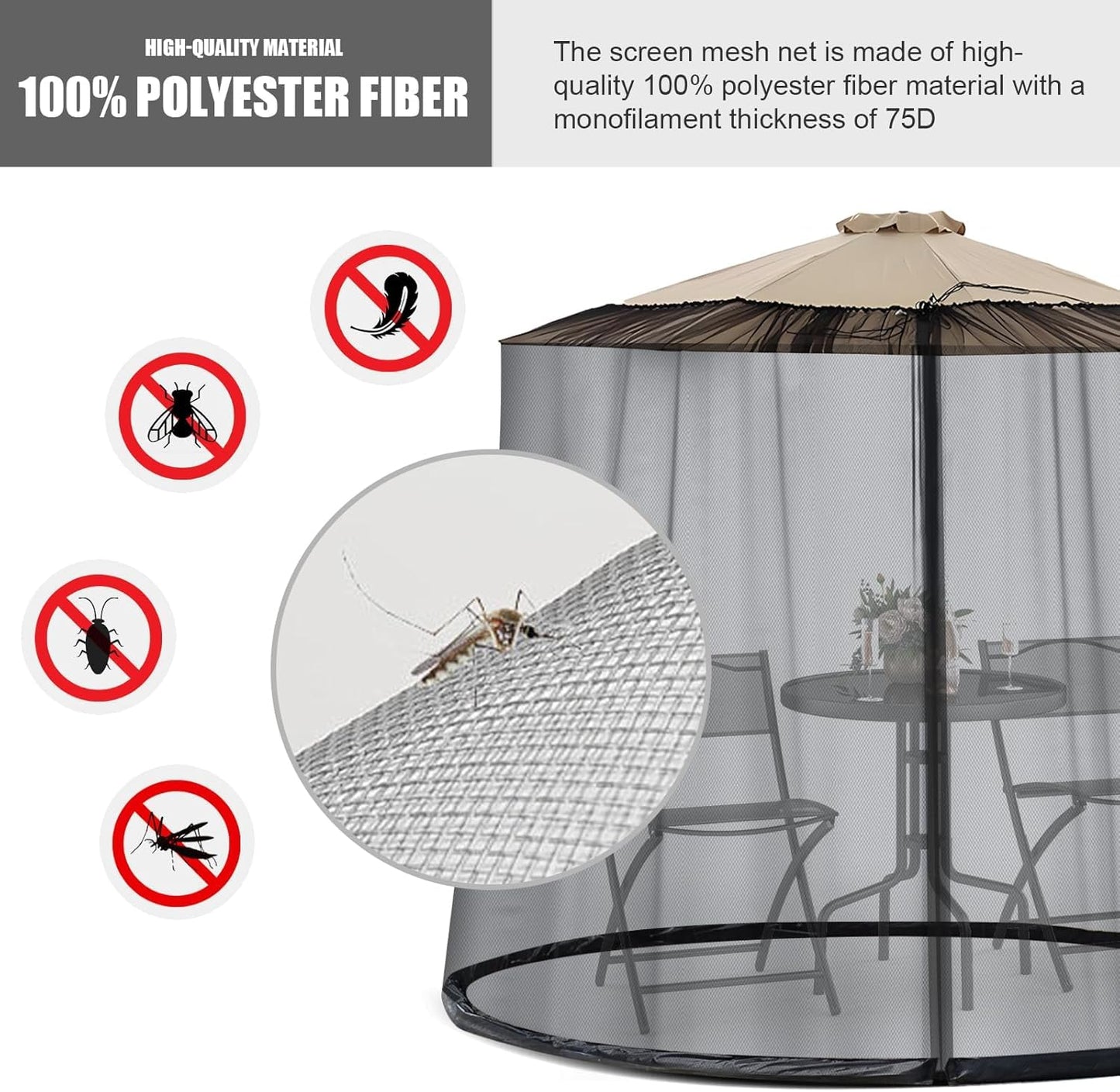 9-11 FT Umbrella Net for Outdoor Umbrella, Universal Patio Umbrella Mosquito Netting for Double-Sided Umbrella, Hanging Polyester Mesh Umbrella Screen for Patio Tables with Zipper, Black