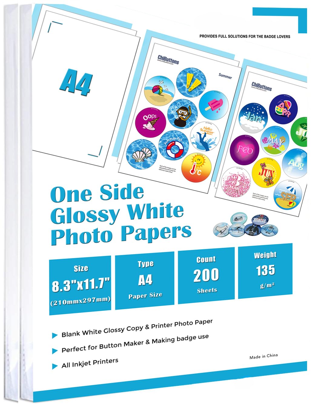 ChiButtons One Side Glossy Photo Papers A4, 2 * 100=200 Sheets (135g, Specially for Button Maker use)