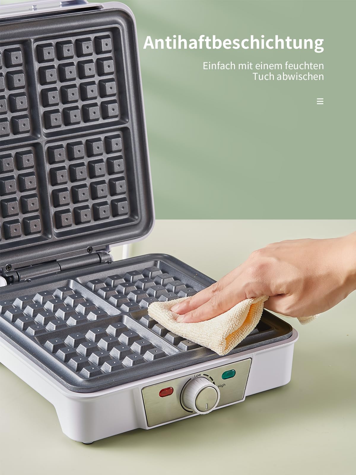 Belgian Waffle Maker 4 Slices, 1200W Waffle Iron, Anti-Overflow Waffle Iron with Adjustable Knob, Nonstick Plates, Indicator Lights, White
