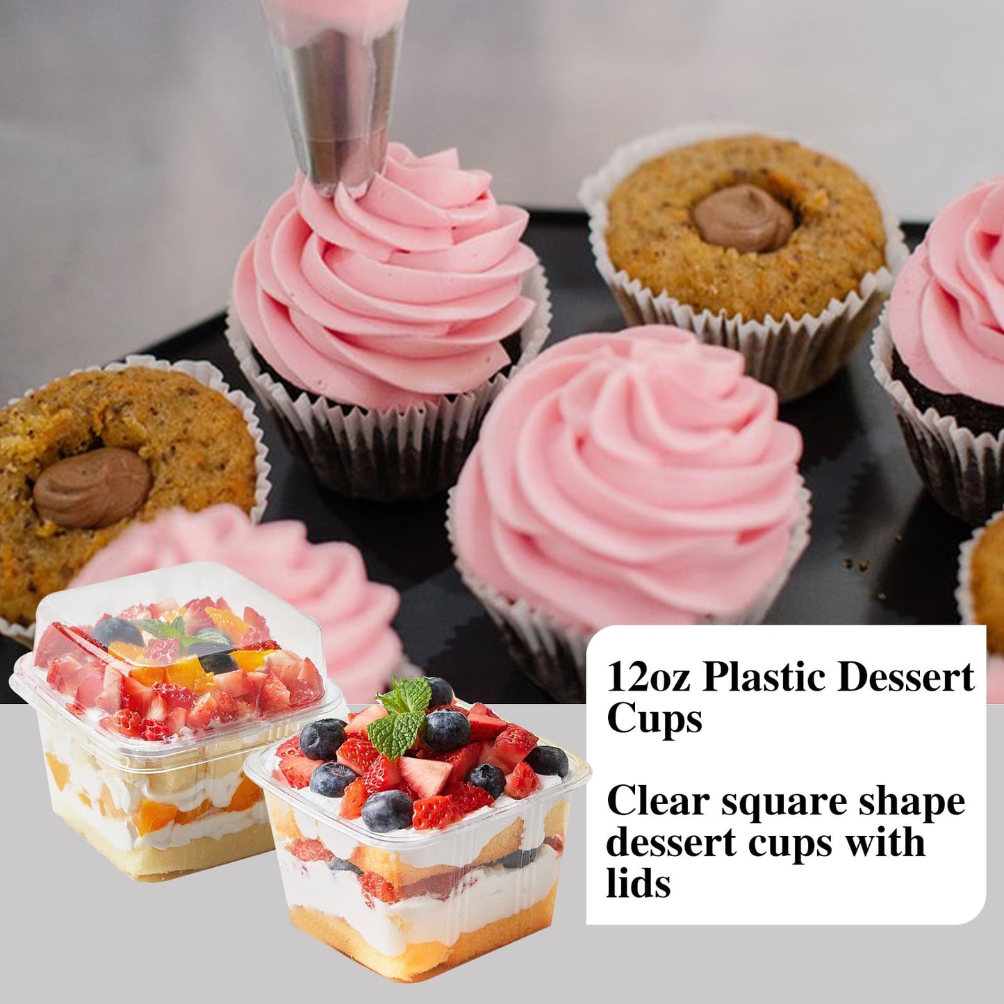 JMIATRY 100PCS 8 oz Square Plastic Dessert Cups with Lids and Spoons Clear Disposable Dessert Cup Tiramisu Container 8oz Plastic Parfait Cups for Cupcake Mousse Yogurt Pudding Fruit