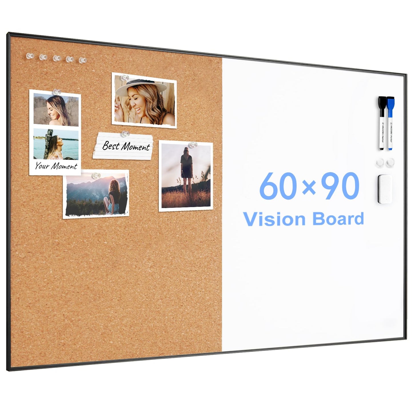Dry Erase Cork Board Combo, ARCOBIS 36"X24" Bulletin White Board for Wall, Magnetic Corkboard, Vision Whiteboard for Office,Home,School Black Frame