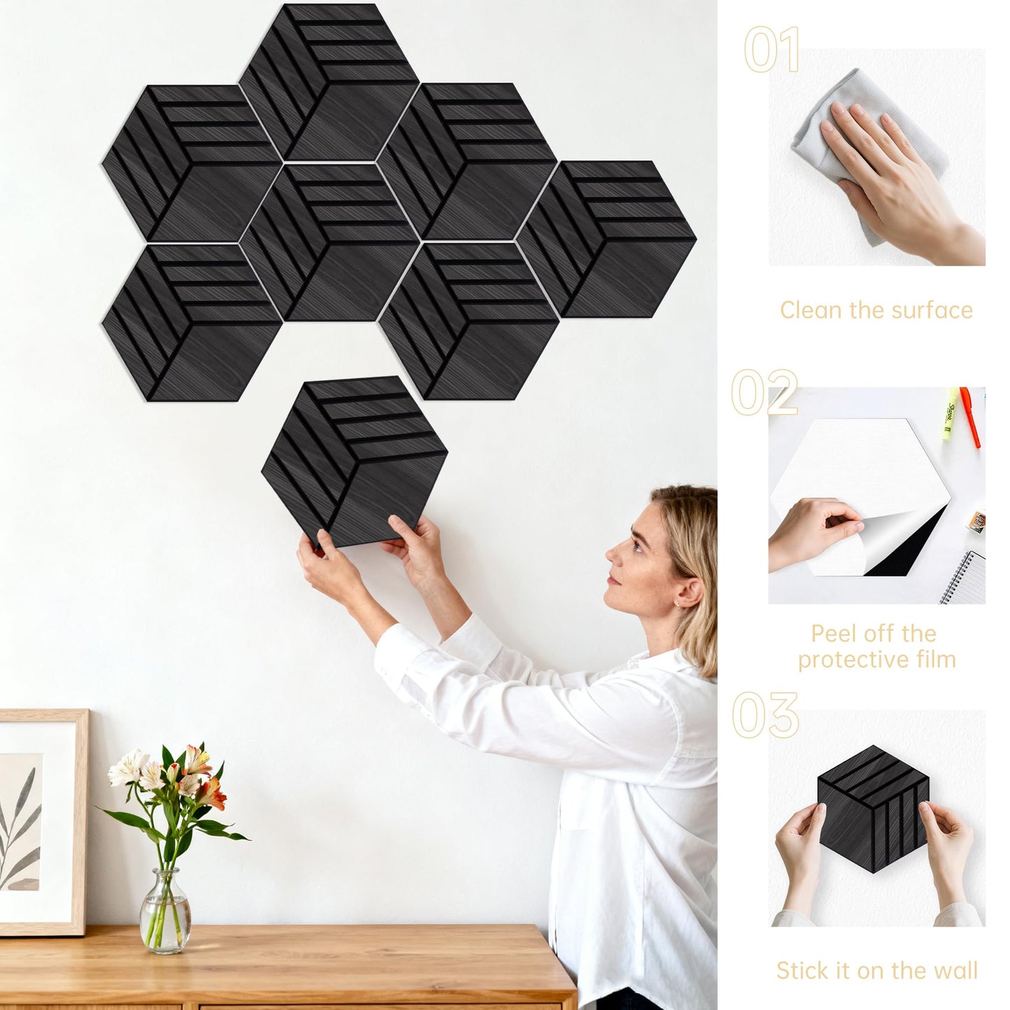 Mollywell Hexagon Acoustic Panels, Black Oak TW4, 14x12x0.4 Inch, 12 Pack |Wood Veneer|High Density Sound Proofing Wall Panels|Self Adhesive Sound Dampening Felt Wall Tiles|Home Theater|Gaming Room|