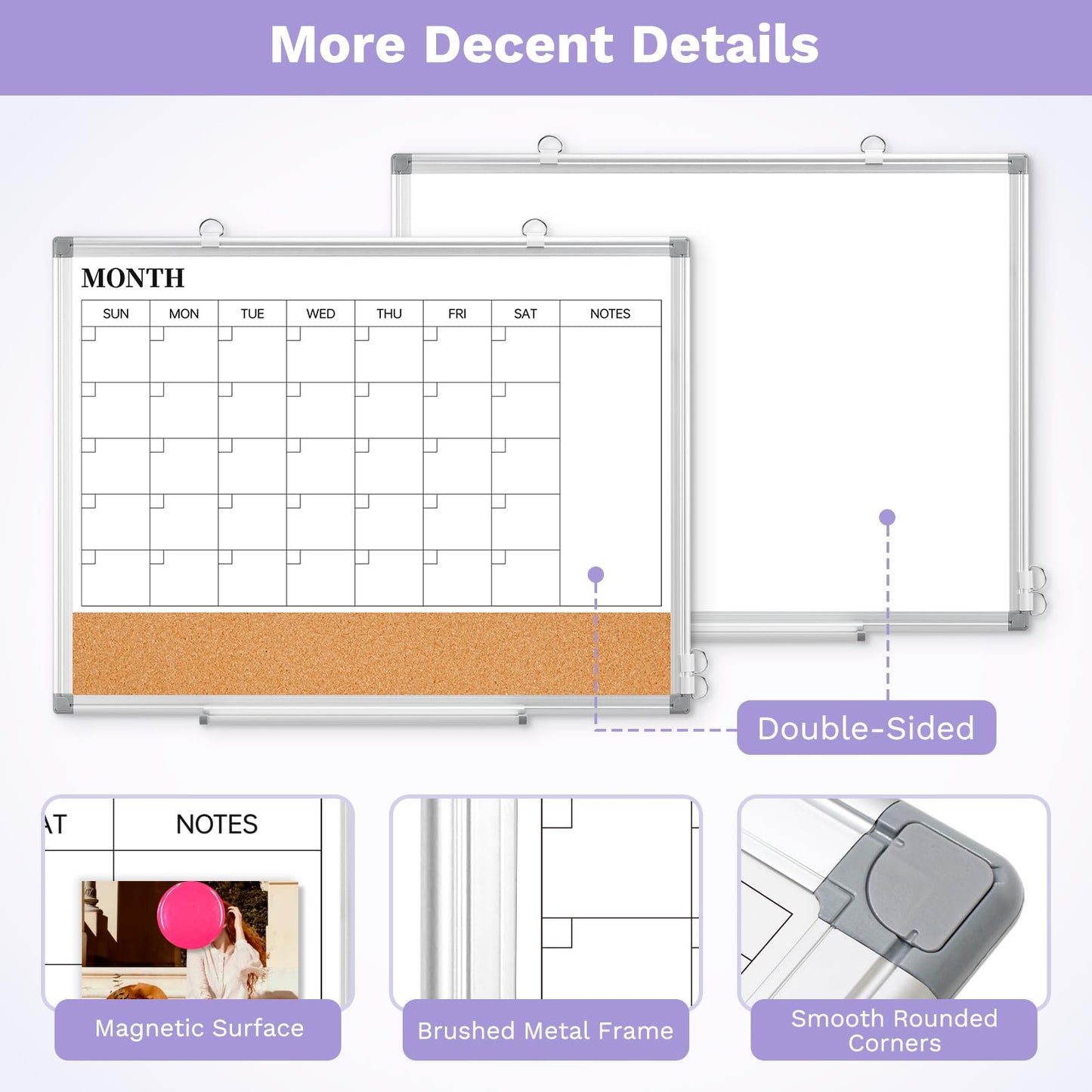Dry Erase Calendar & Cork Board Combo 36"x24", Double-Sided Magnetic Whiteboard for Wall, Large Monthly Planner with 3-in-1 Versatility, Aluminum Frame Memo Board for Home, Office & School