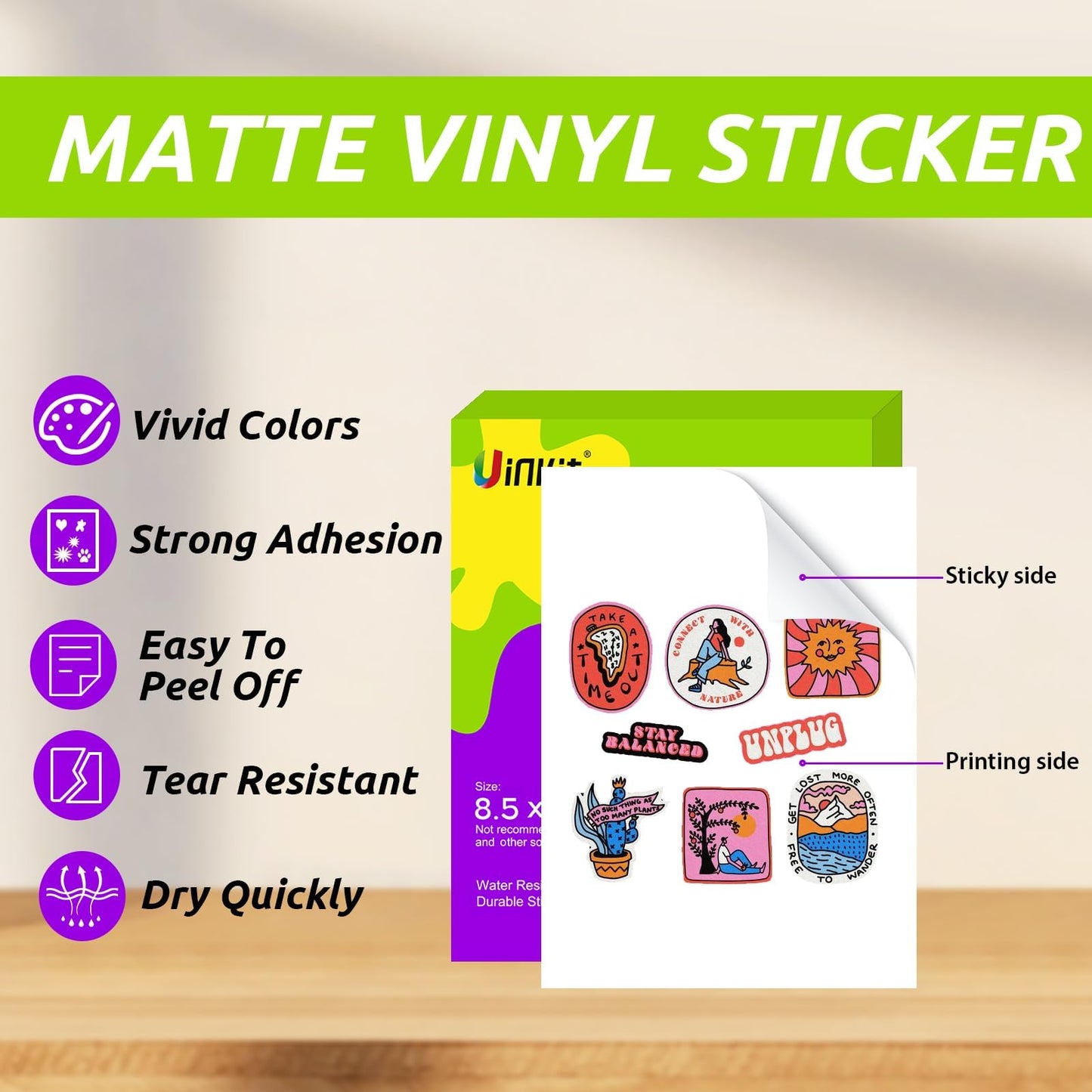 Uinkit Vinyl Sticker Paper for Inkjet Printer, 100 Sheets 5Sample Pack, 8.5x11 Inches, Matte White Self-Adhesive, Easy to Remove, for Cricut, Silhouette, Inkjet Printer