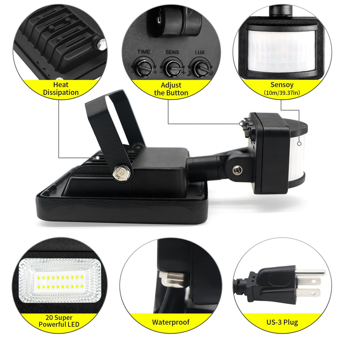 LudoPam LED Motion Sensor Flood Light Outdoor,10W Security Light, IP66 Waterproof Outdoor Light,1100LM,6500K with Plug Motion Security Lights with Plug for Garage Yard Patio Pathway Porch Entryways