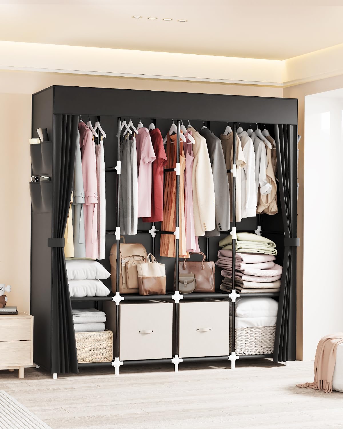 Mavivegue Wardrobe Closet with 4 Hanging Rods, Portable Closet Wardrobe, Non-Woven Fabric Cover, Closet Organizers for Bedroom and Living Room, Black, 67" W x 17" D x 67" H