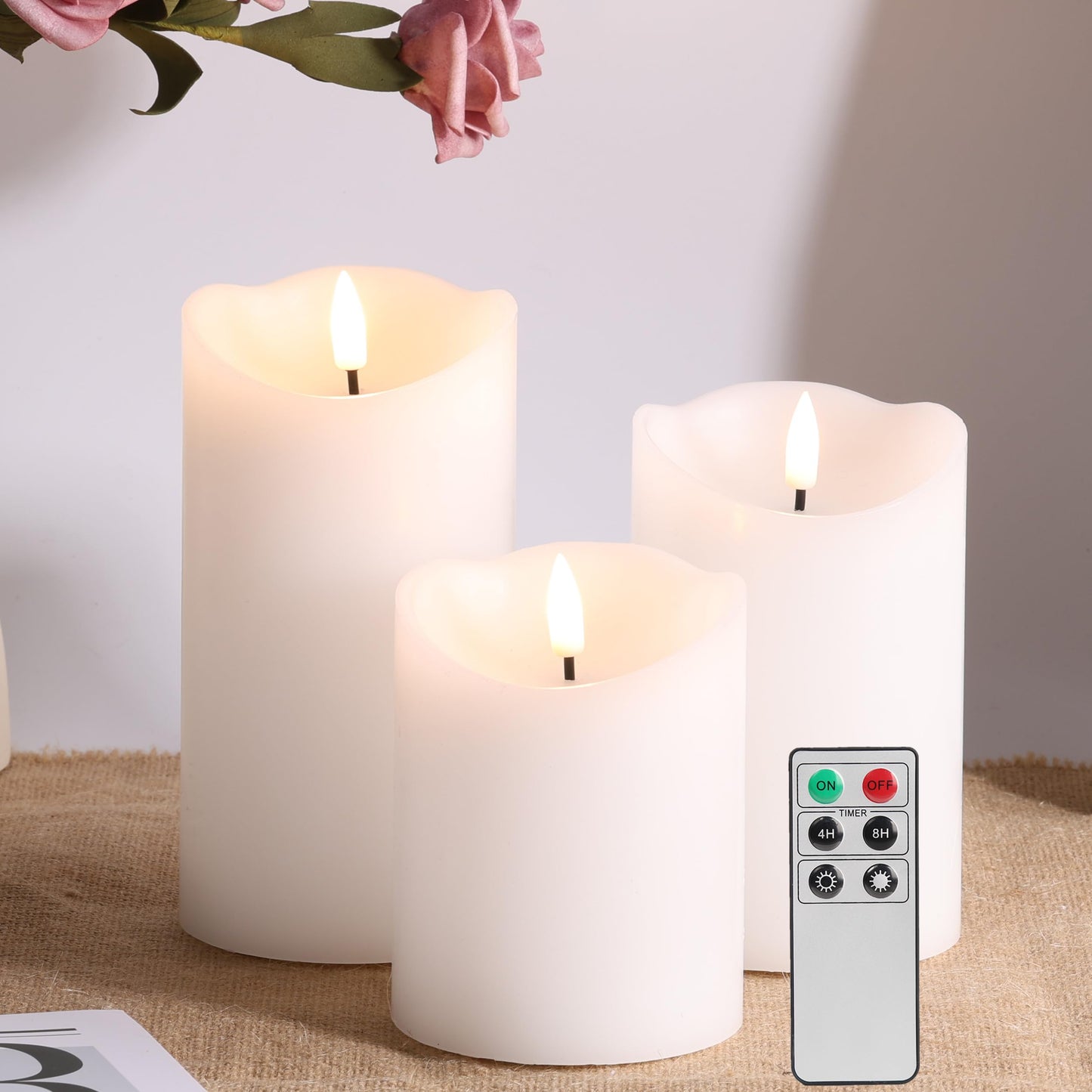 Eywamage White Flameless Pillar Candles with Remote, Realistic LED Candles Battery Operated Real Wax Flickering Set of 3