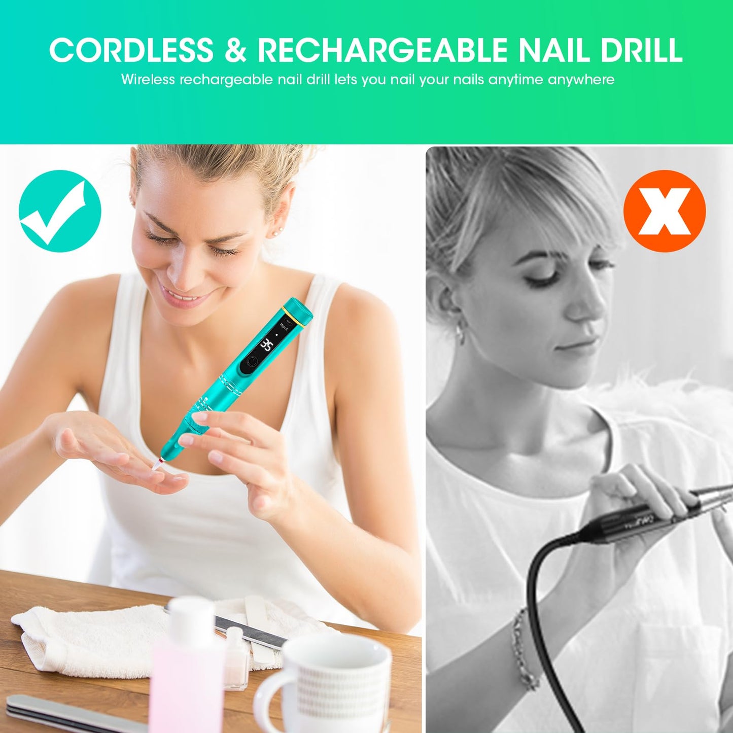 LIERKISS Nail Drill Cordless 35000RPM Rechargeable Professional Electric Nail Drill Kit Wireless Nail File Drill Acrylic Drill for Acrylic Gel Nails Manicure Pedicure Polishing Remover