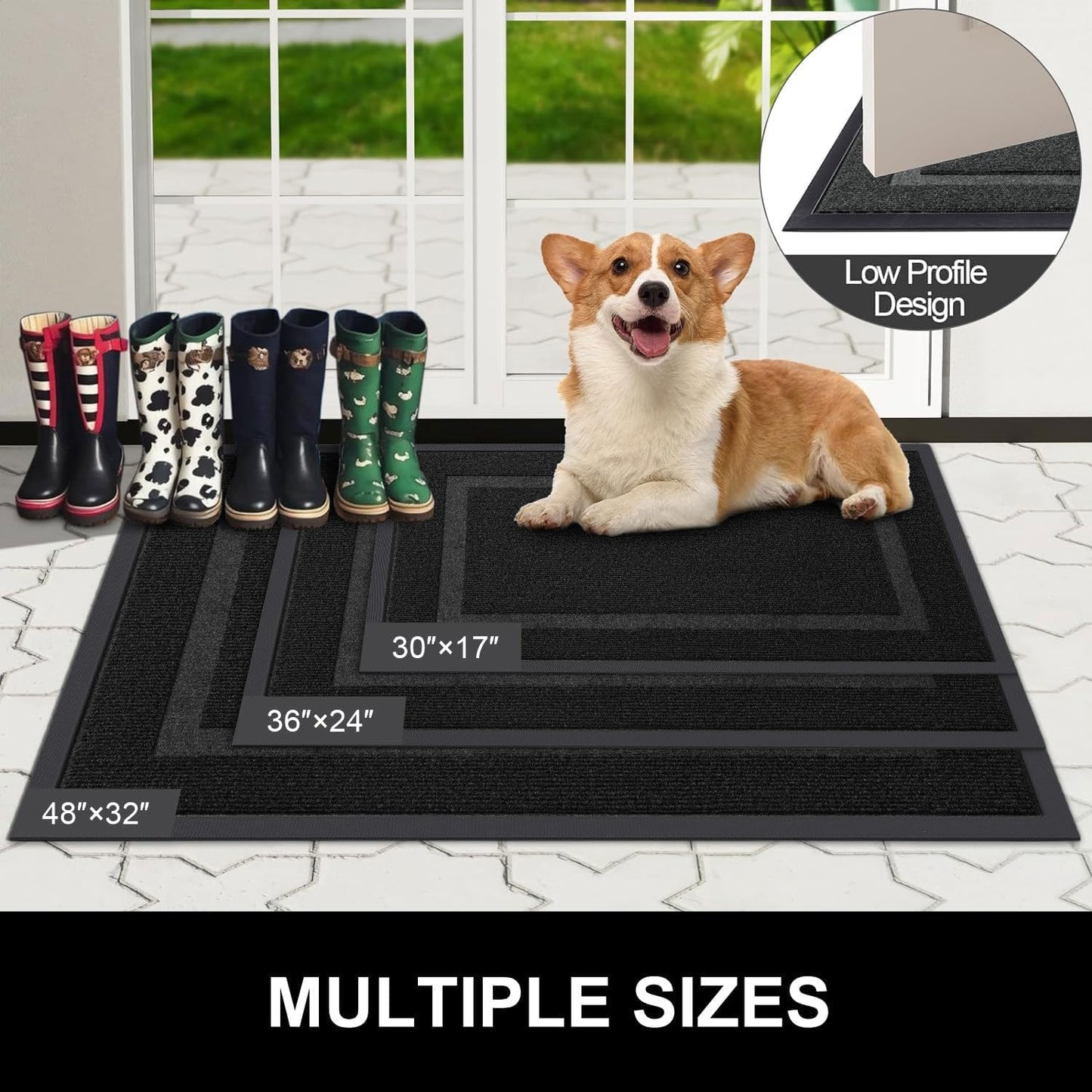 Arotive Front Door Mat Outdoor Indoor Entrance, Non Slip Heavy Duty Sturdy Natural Rubber Mat, Durable & Fade Resistant, Easy Clean Low Profile Welcome Mat for Entryway and Patio, 36 x 24, Black