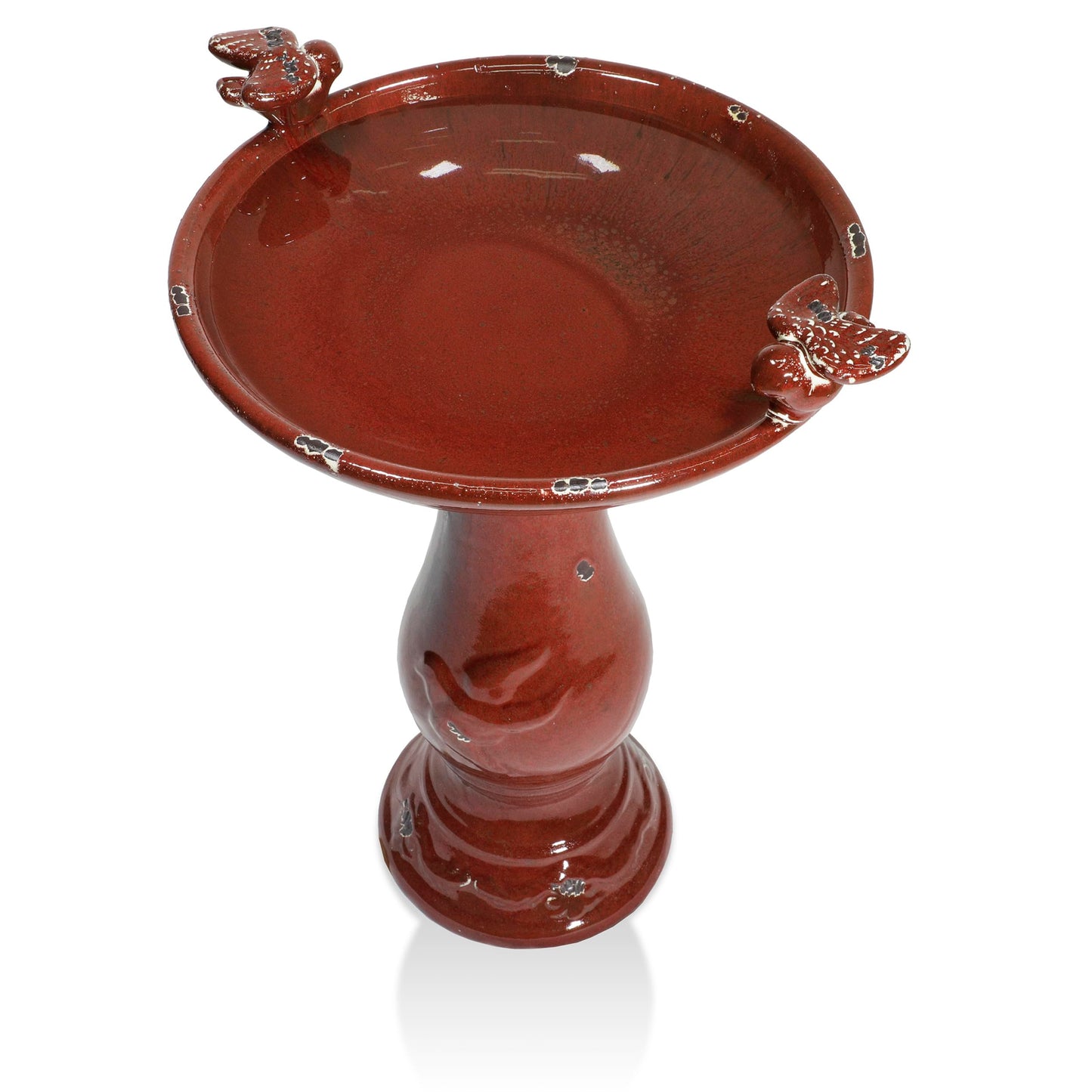 Alpine Corporation 25" Tall Outdoor Ceramic Antique Pedestal Birdbath with 2 Bird Figurines, Red