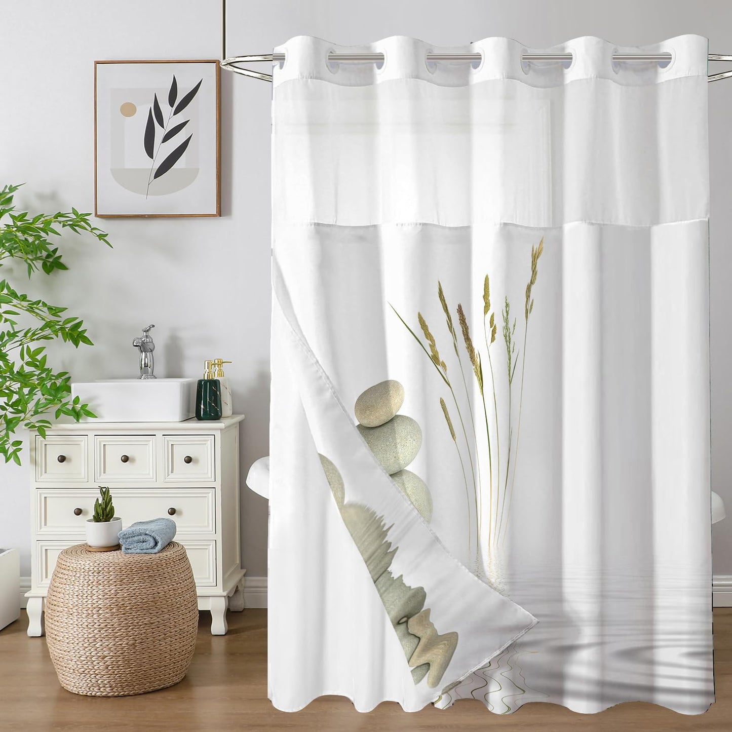 Shellspace No Hook 3 in 1 Shower Curtain with Snap in Liner, Pebbles Shower Curtain Set with See Through Top Window, Machine Washable Waterproof Polyester Fabric Bath Curtain, 71 x 74 in