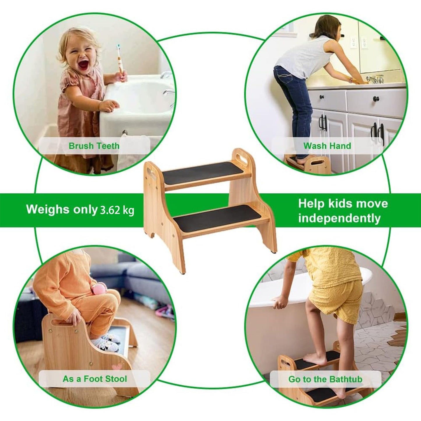 StrongTek Wooden Step Stools for Kids, Toddler 2 Step Stool for Bathroom with Non-Slip Stepping Surface, Portable Stepping Stool with Handles for Kitchen and Bedroom, 350 lbs Capacity (Natural)