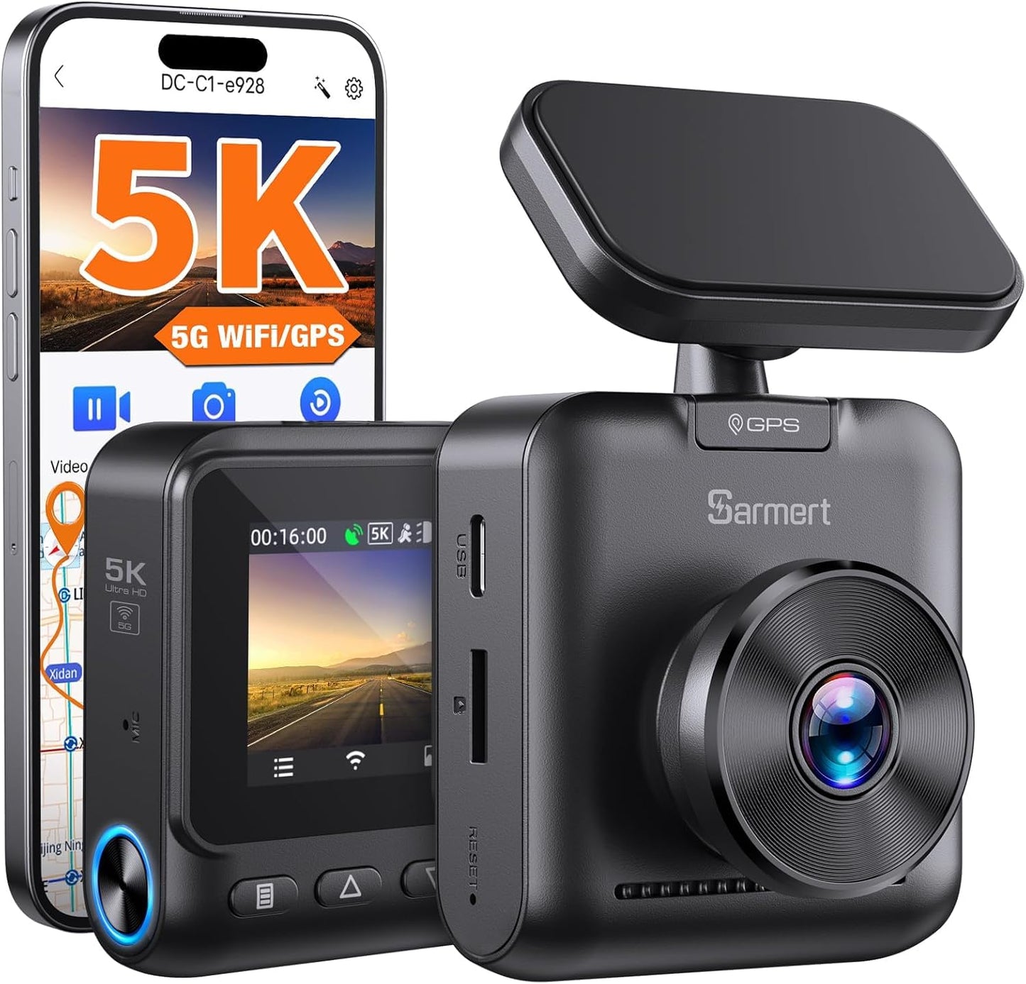 5K Dash Cam, Sarmert Car Camera Dashcam Built-in GPS 5G WiFi, 5K 4K UHD with APP, 2" IPS Screen Dash Camera with Super Night Vision, Loop Recording, WDR, 150° Wide, G-Sensor, Supports 512GB Max