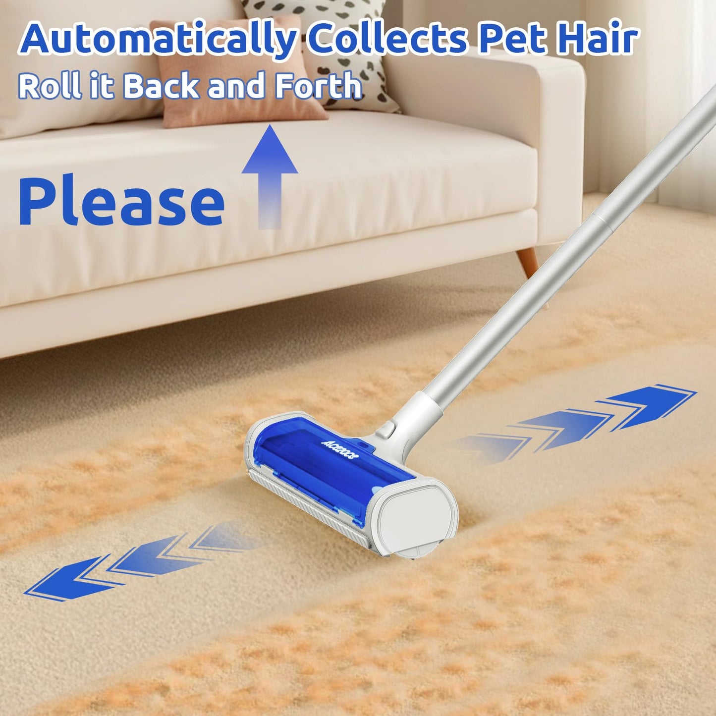 ACE2ACE Carpet Roller for Pet Hair, Self-Collected Pet Hair Removal Tool, Reusable Carpets Rake, 5 Feet Long Handle No Bending No Kneeling, Cat Dog Hair Remover for Carpet, Rugs, Mats, Blue